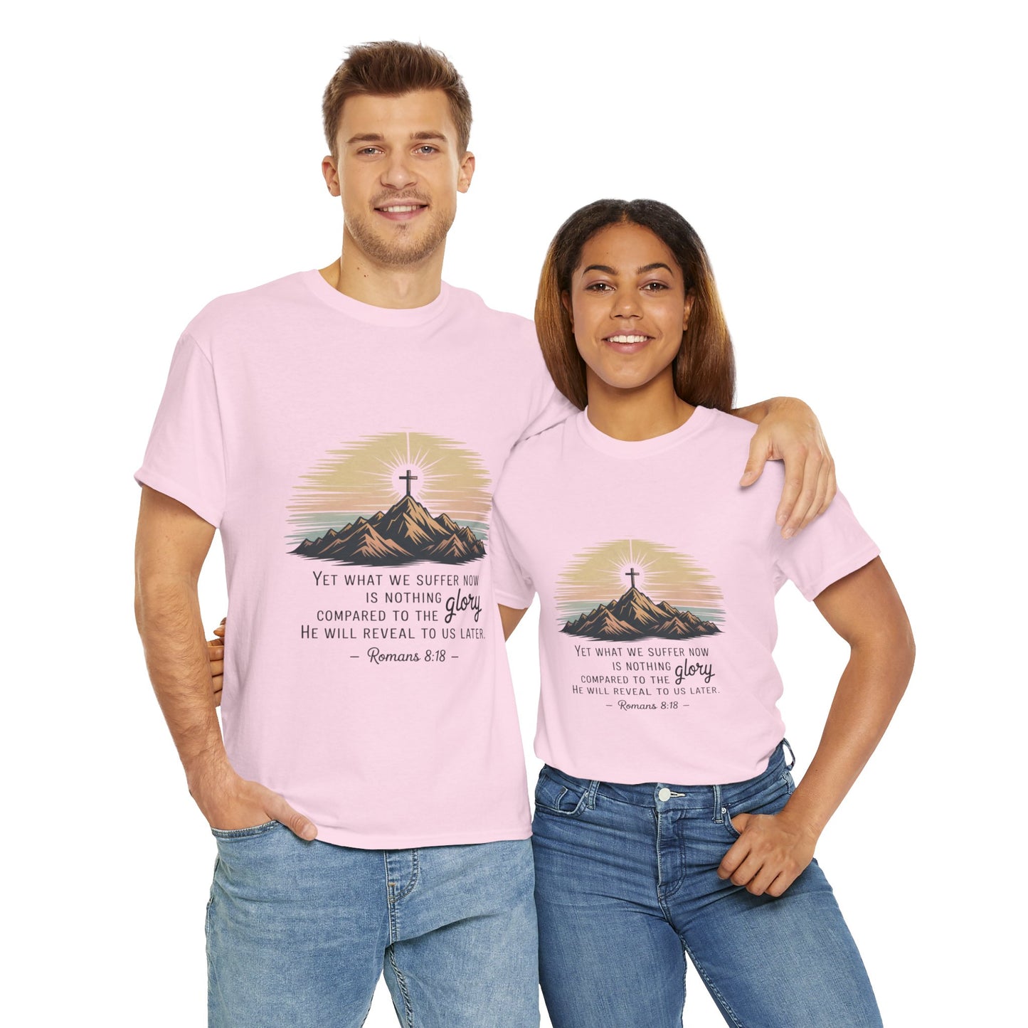 Inspirational Unisex Heavy Cotton Tee with Mountain Design Romans 8:18