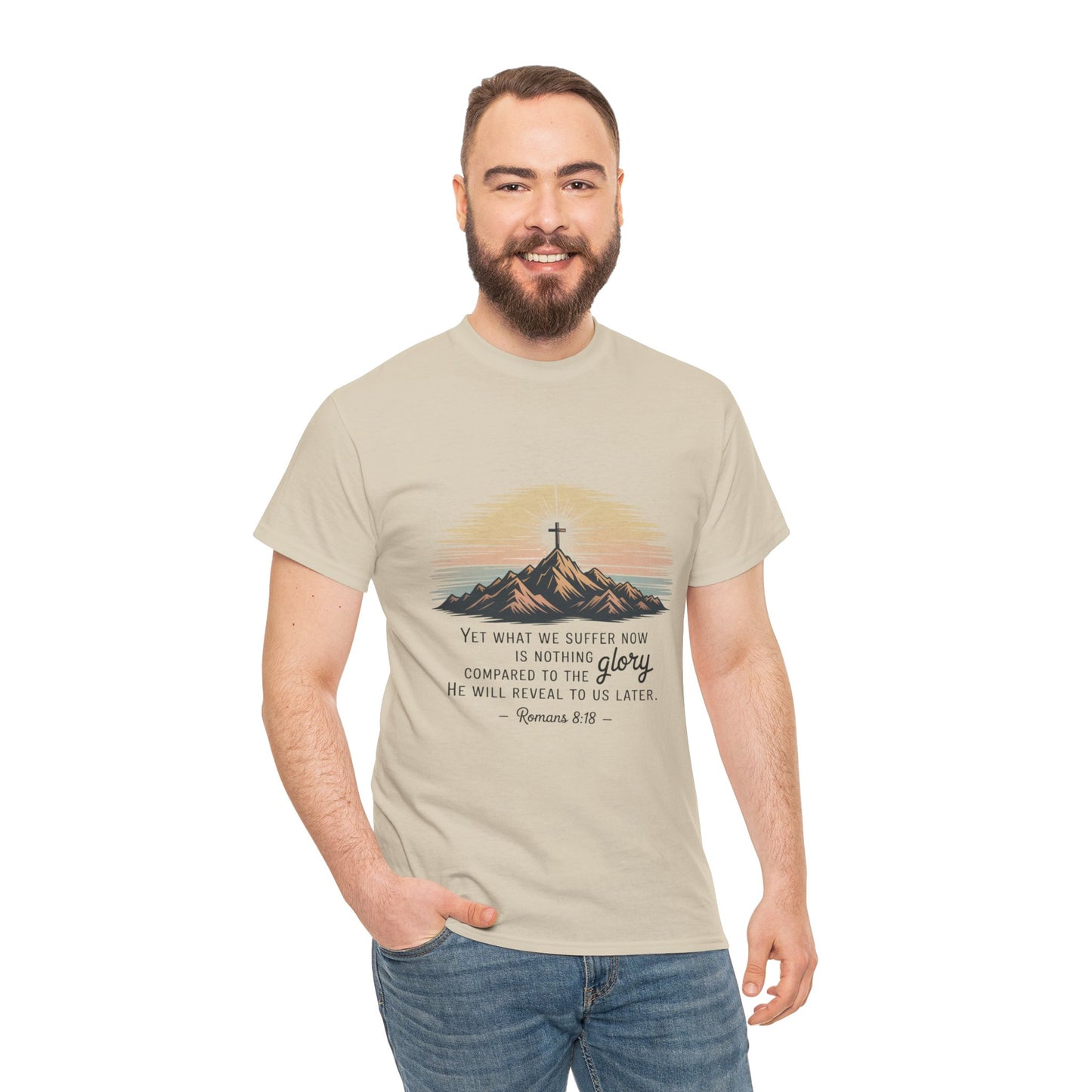 Inspirational Unisex Heavy Cotton Tee with Mountain Design Romans 8:18
