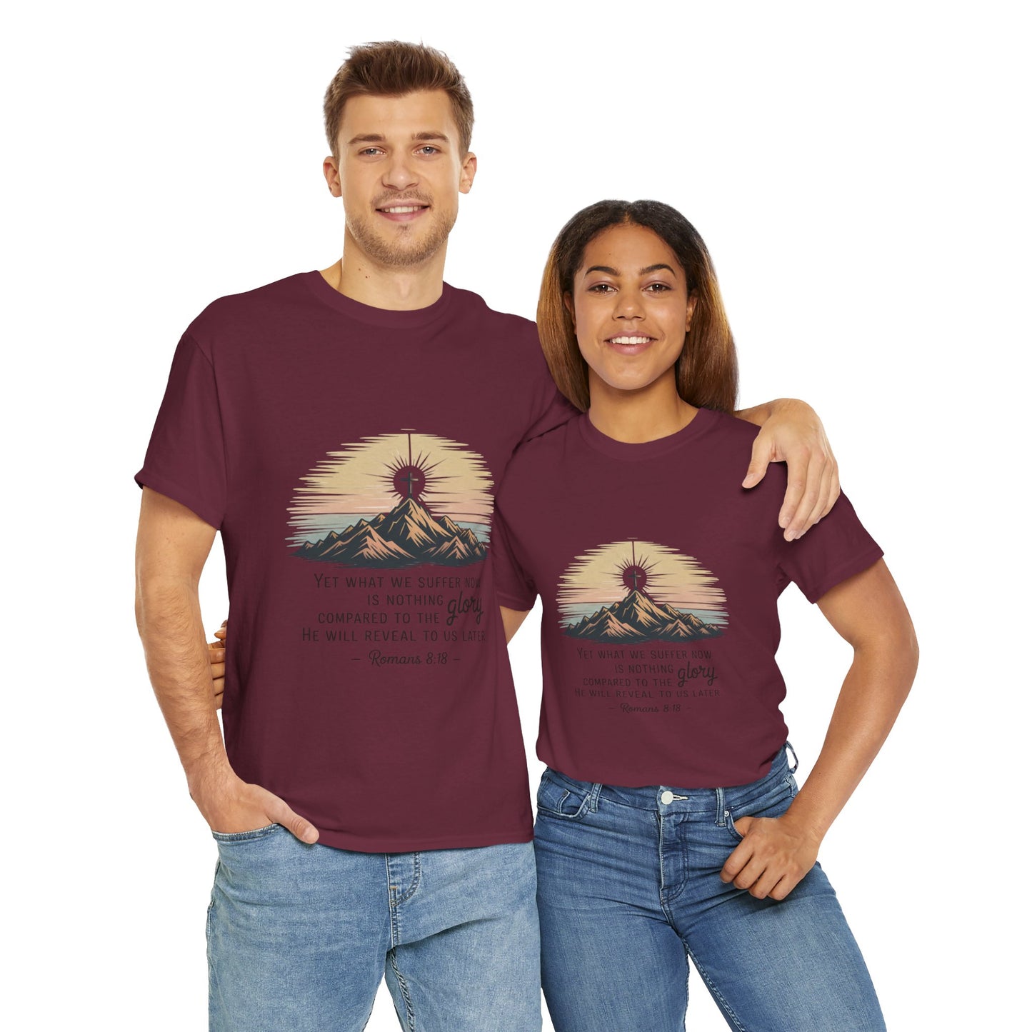 Inspirational Unisex Heavy Cotton Tee with Mountain Design Romans 8:18