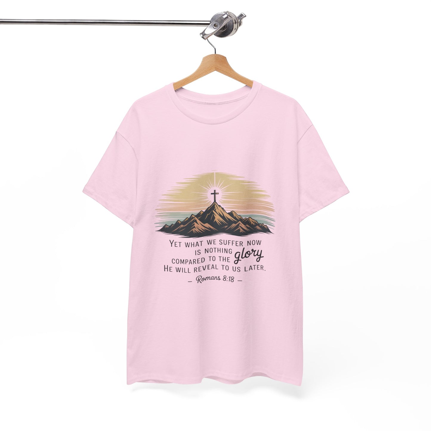 Inspirational Unisex Heavy Cotton Tee with Mountain Design Romans 8:18
