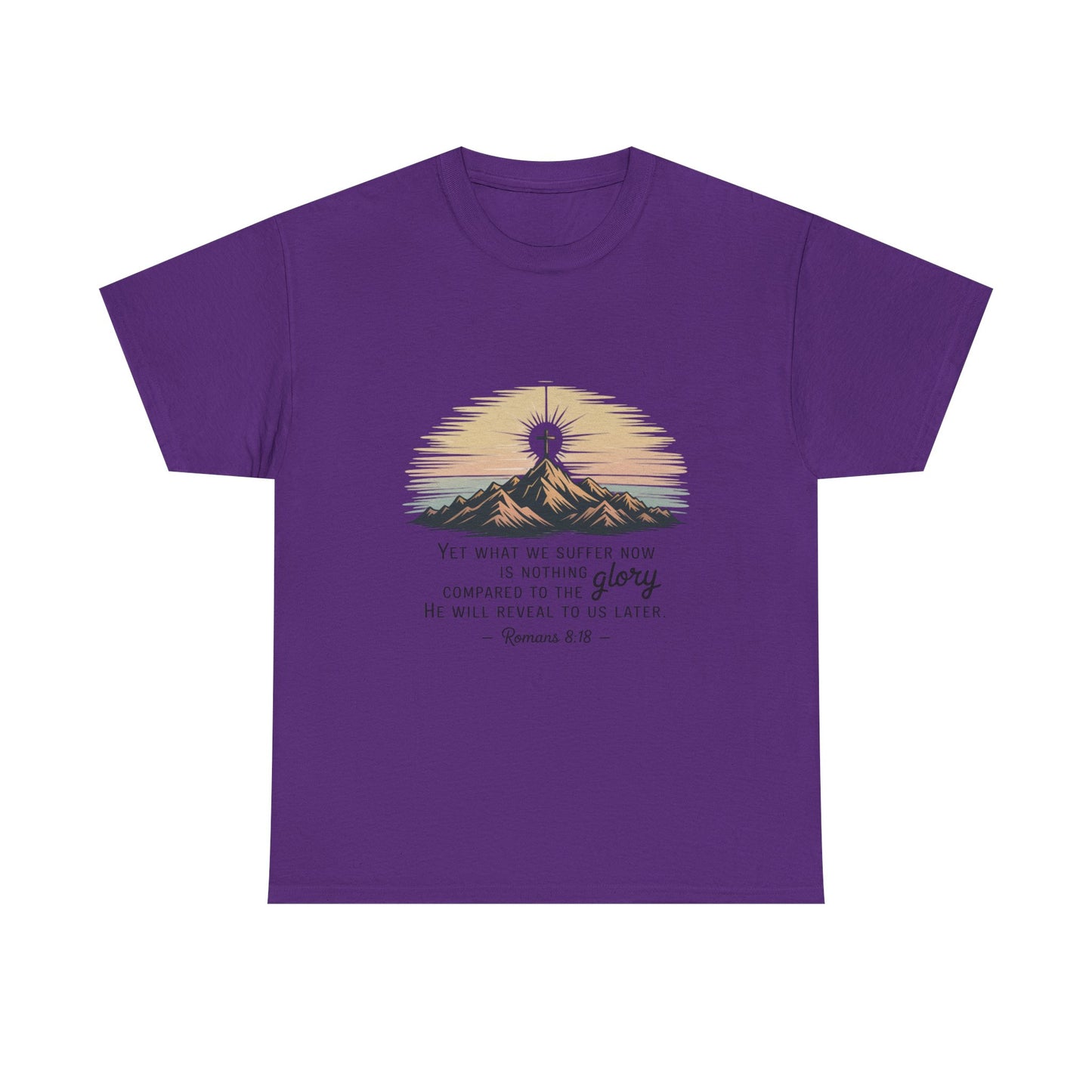 Inspirational Unisex Heavy Cotton Tee with Mountain Design Romans 8:18