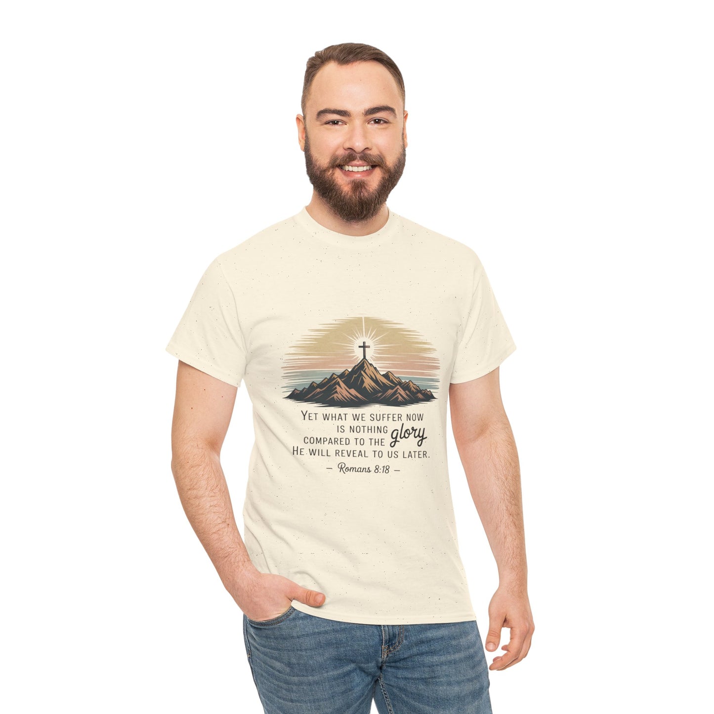Inspirational Unisex Heavy Cotton Tee with Mountain Design Romans 8:18
