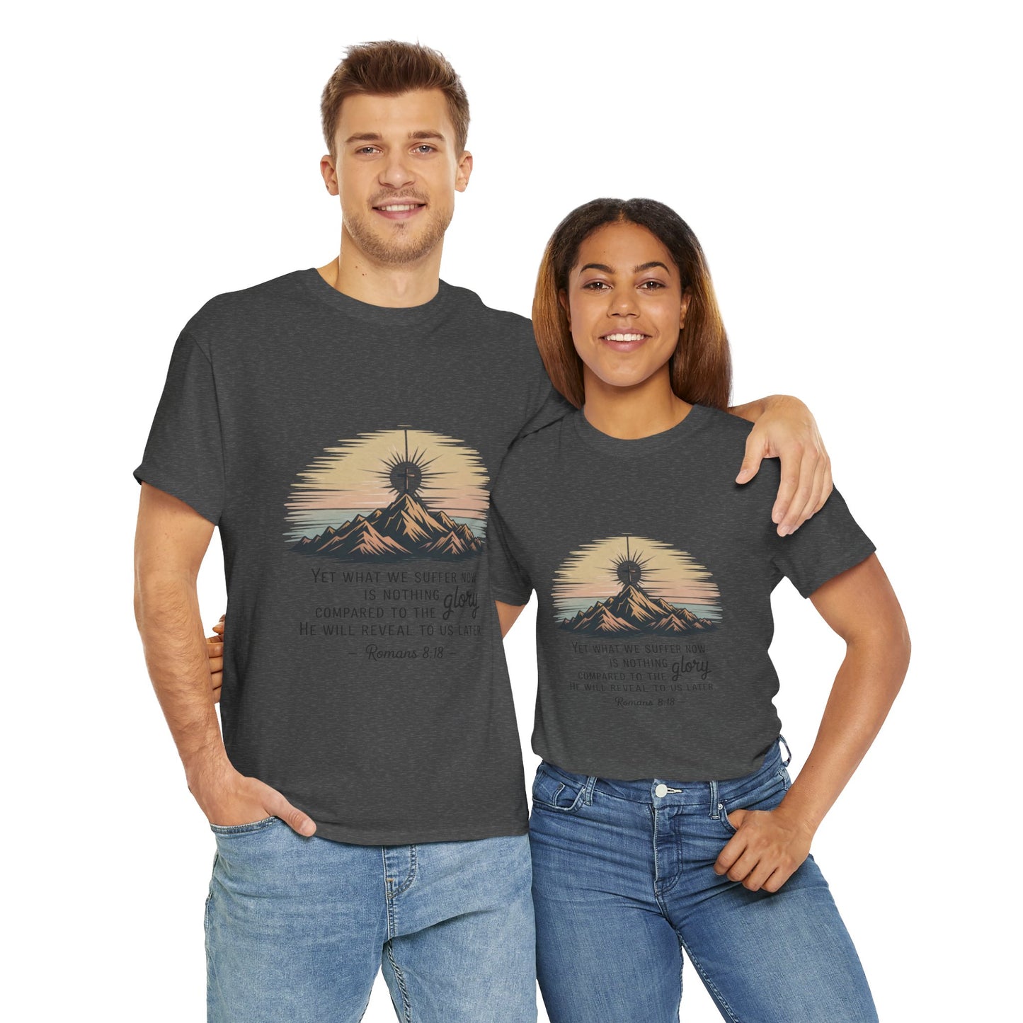 Inspirational Unisex Heavy Cotton Tee with Mountain Design Romans 8:18