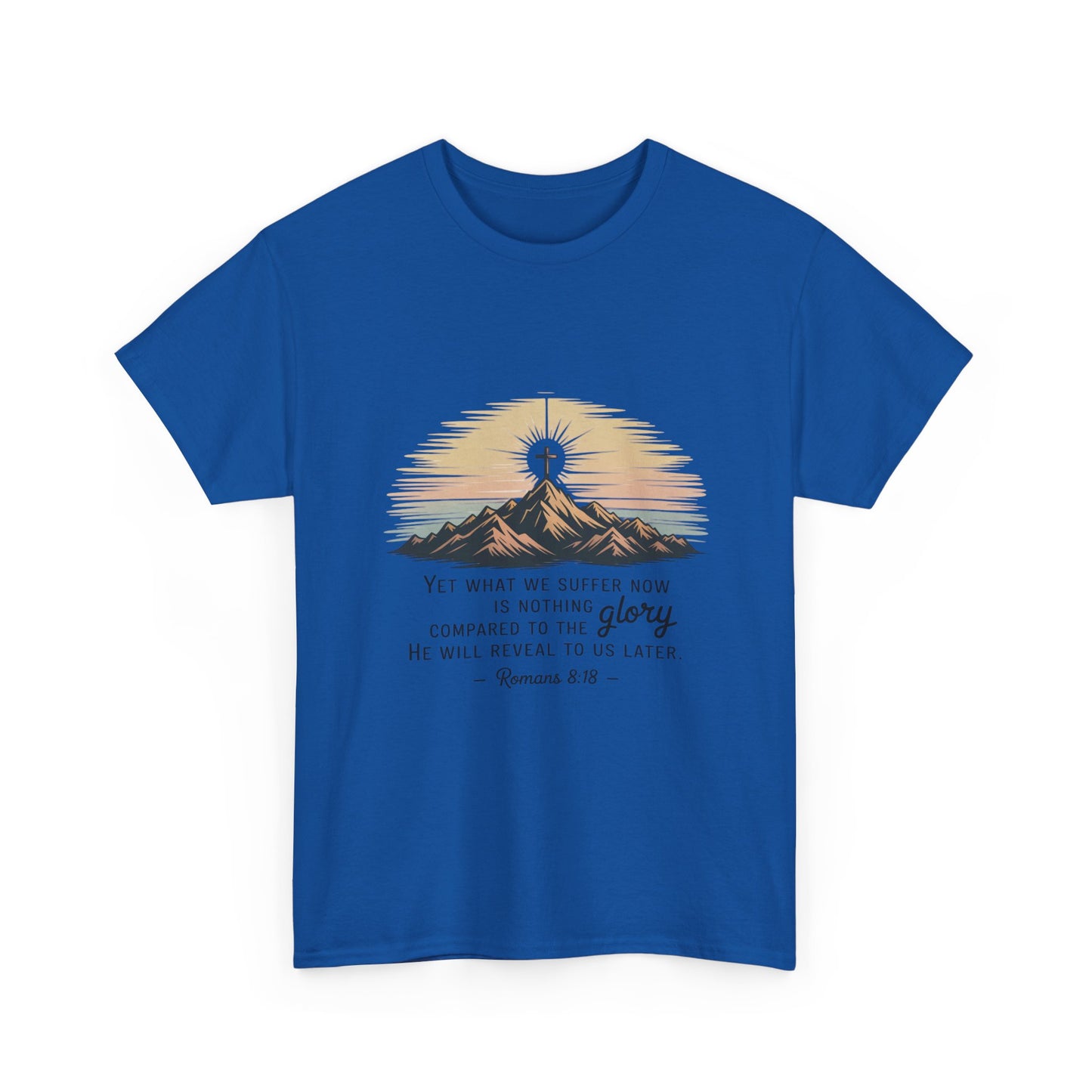 Inspirational Unisex Heavy Cotton Tee with Mountain Design Romans 8:18