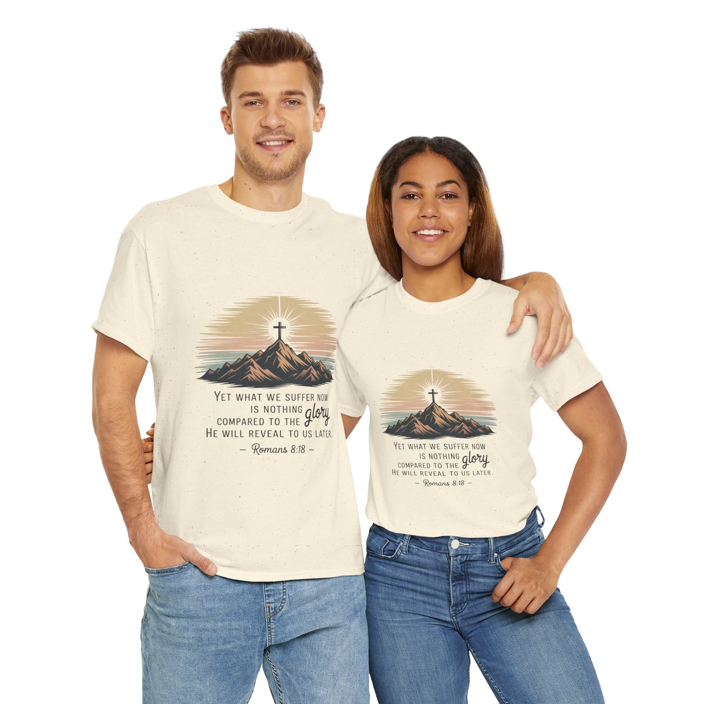 Inspirational Unisex Heavy Cotton Tee with Mountain Design Romans 8:18