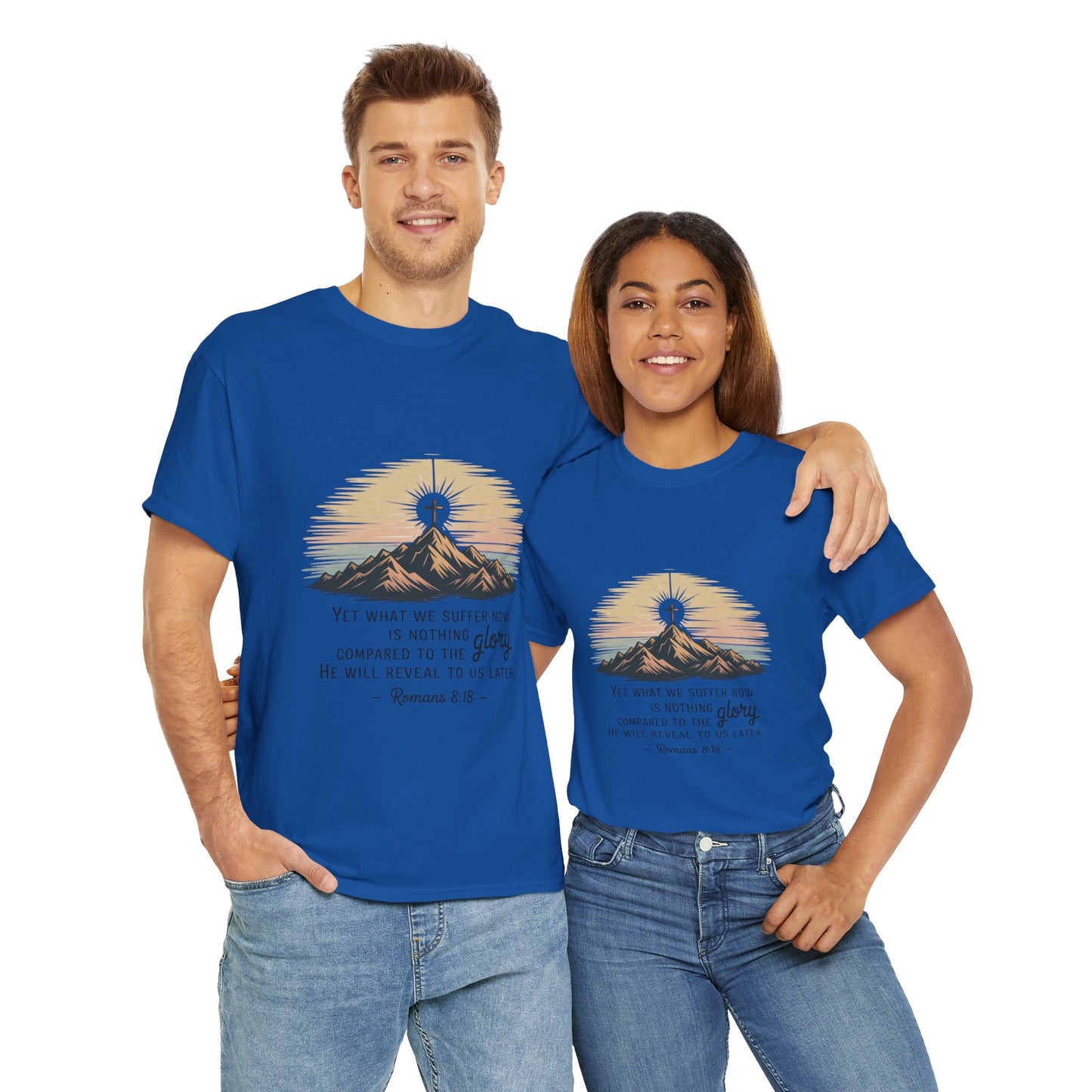 Inspirational Unisex Heavy Cotton Tee with Mountain Design Romans 8:18