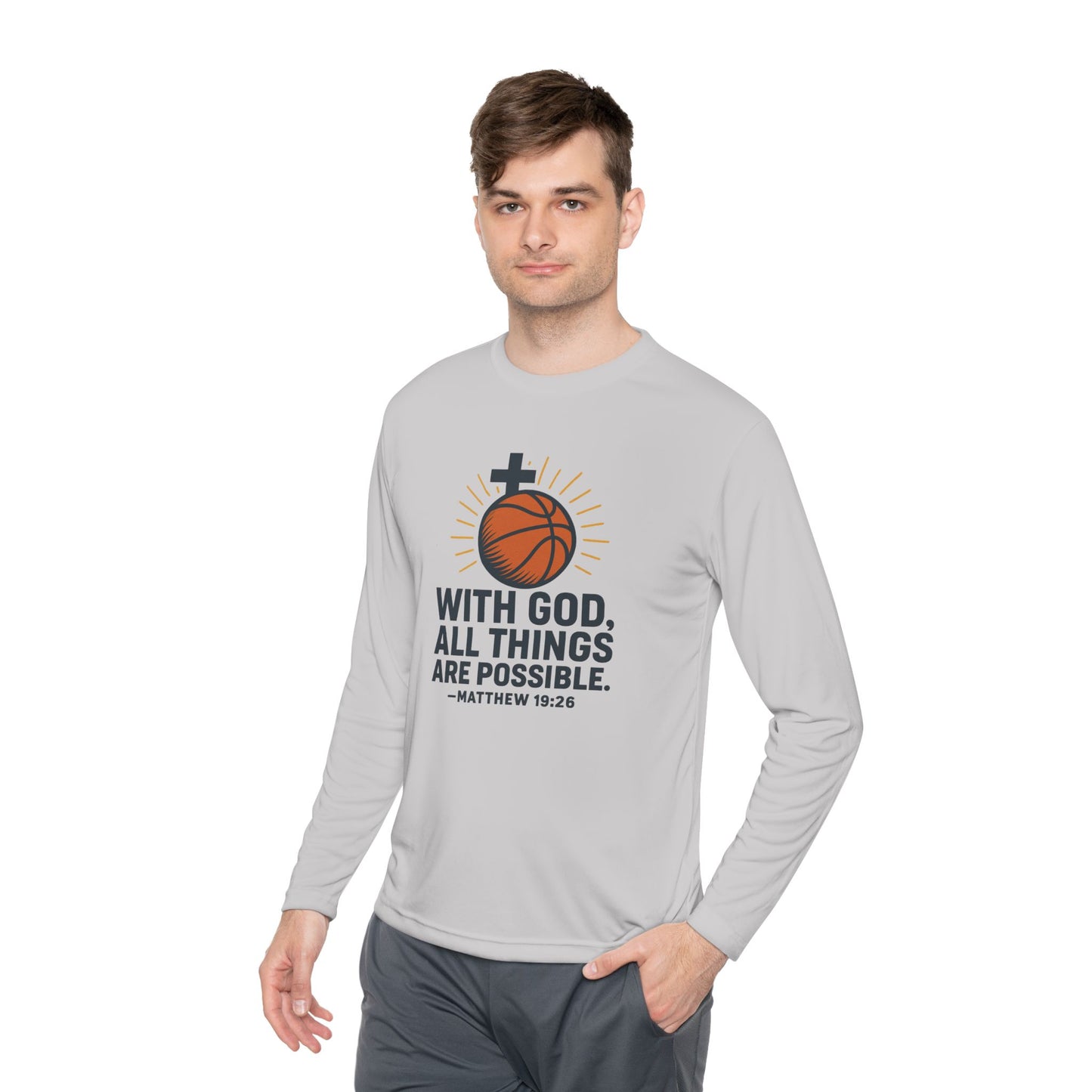 Inspirational Basketball Long Sleeve Tee - "With God, All Things Are Possible" Matthew 19:26