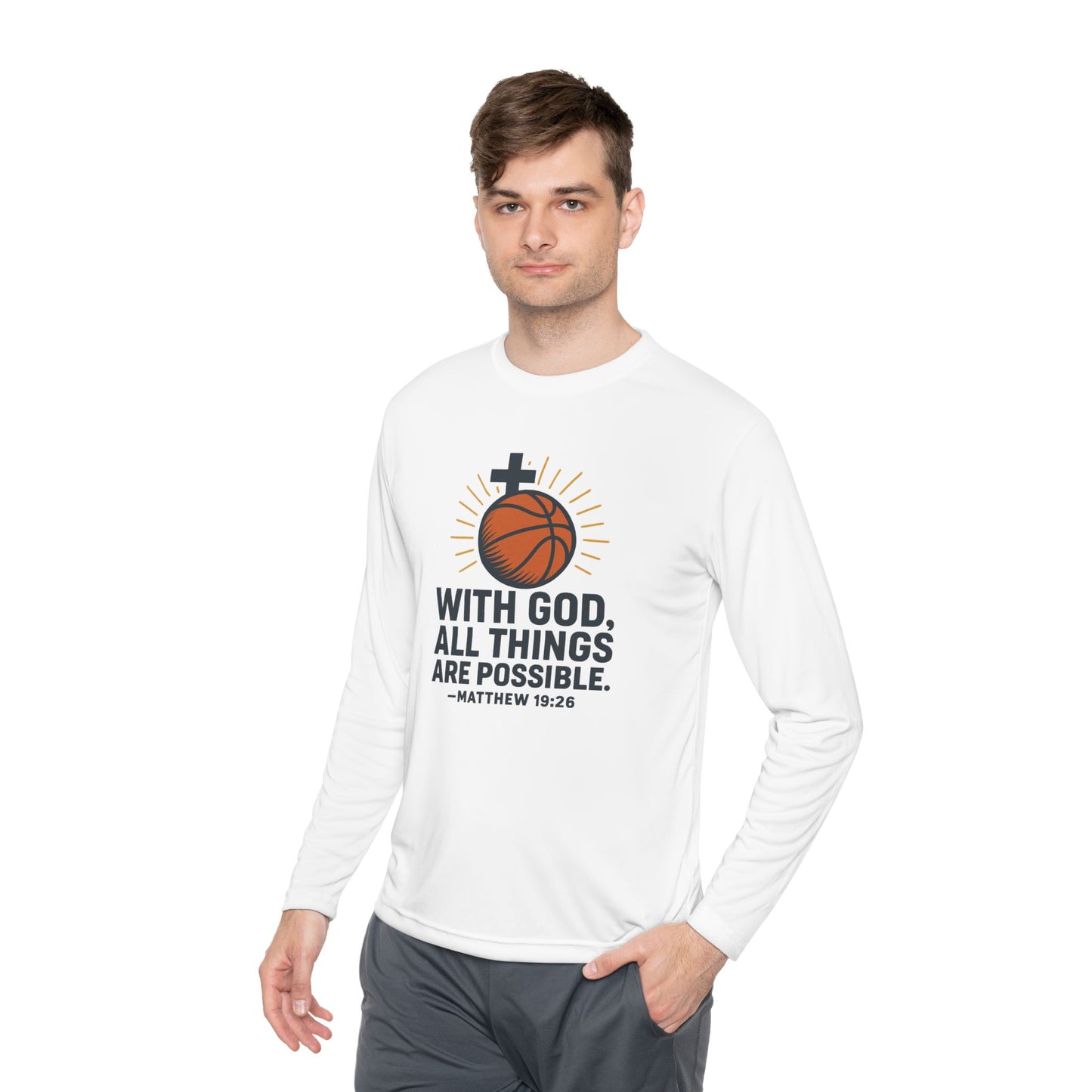 Inspirational Basketball Long Sleeve Tee - "With God, All Things Are Possible" Matthew 19:26