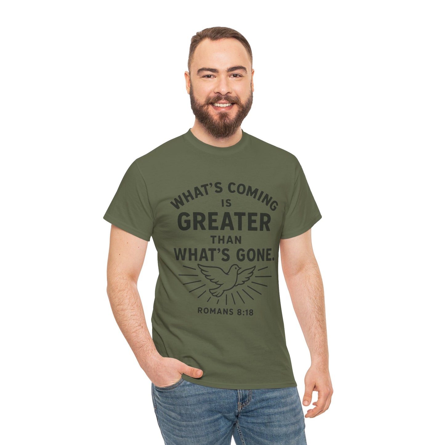 Inspirational Graphic Tee - "What’s Coming is Greater" - Versatile Unisex Heavy Cotton Shirt Romans 8:18