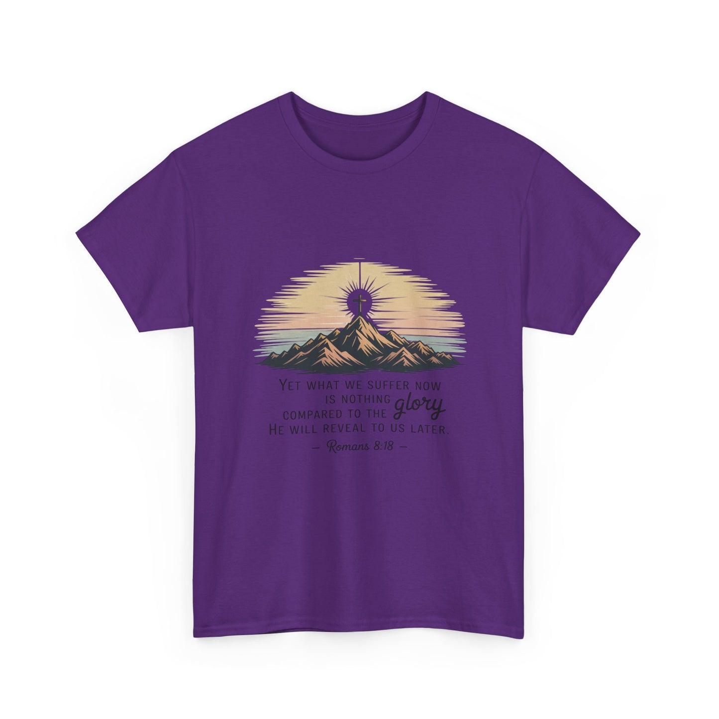 Inspirational Unisex Heavy Cotton Tee with Mountain Design Romans 8:18