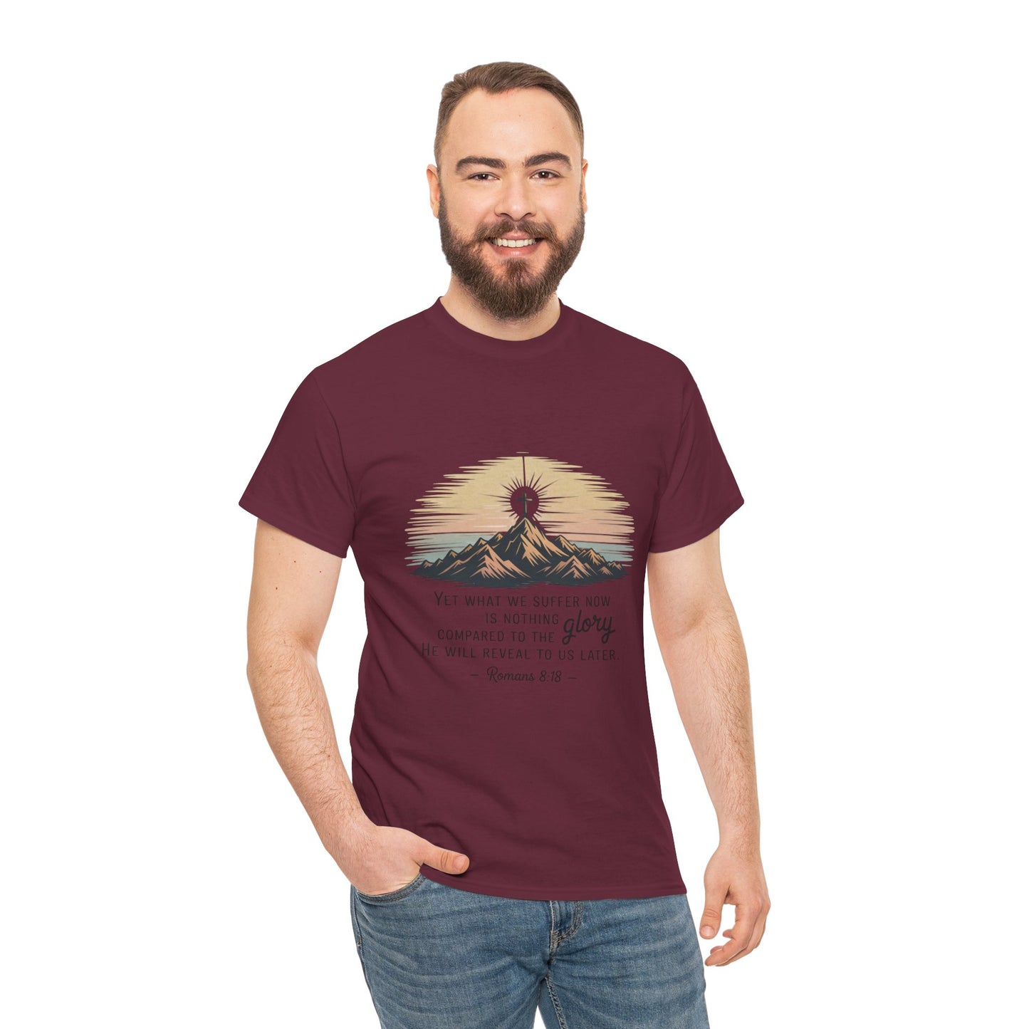 Inspirational Unisex Heavy Cotton Tee with Mountain Design Romans 8:18