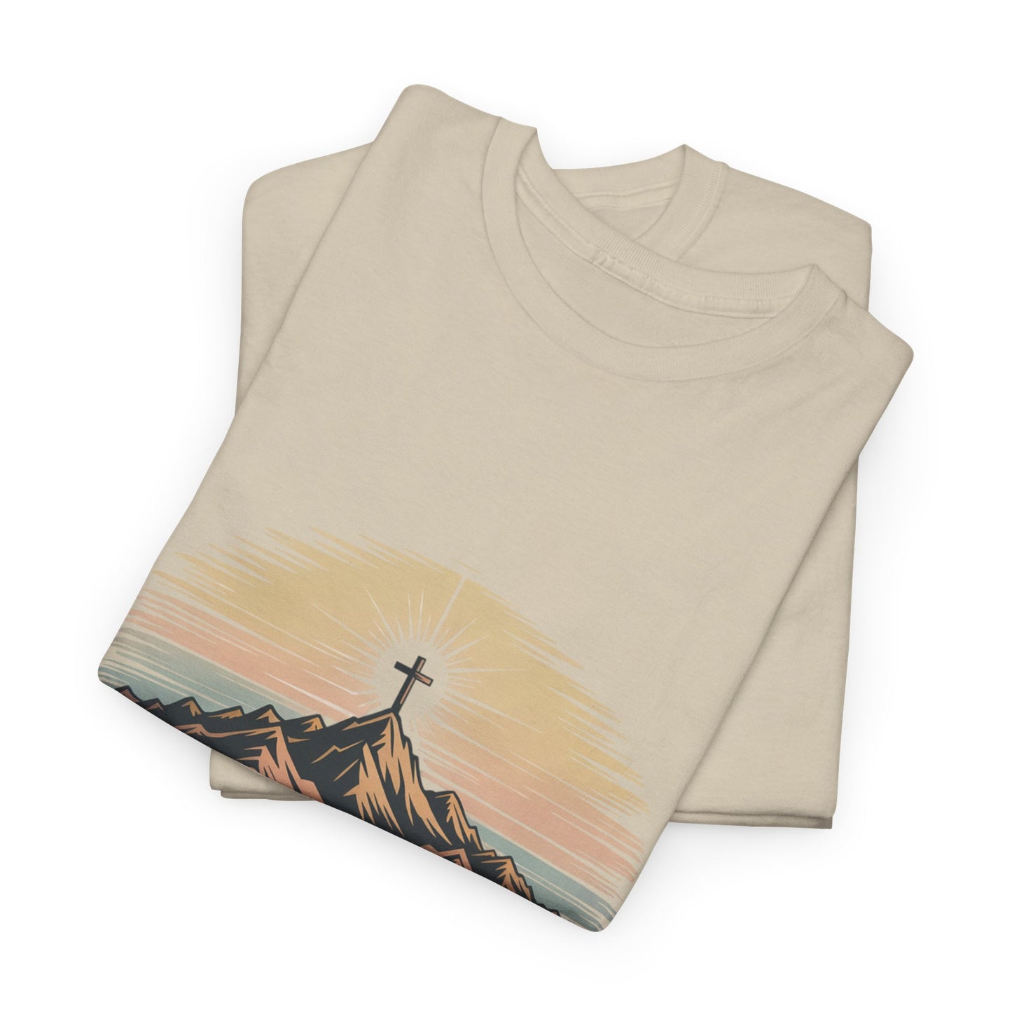 Inspirational Unisex Heavy Cotton Tee with Mountain Design Romans 8:18