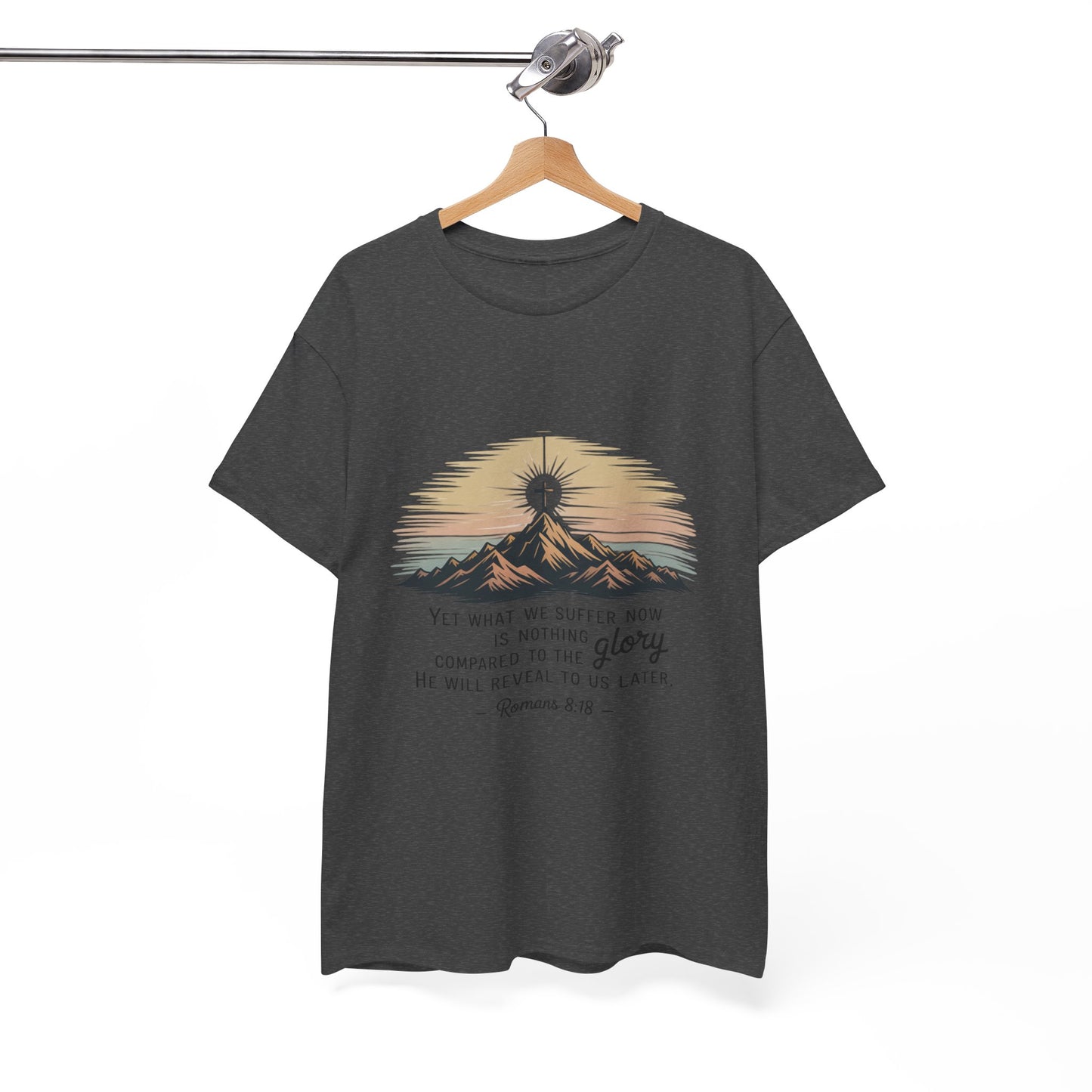 Inspirational Unisex Heavy Cotton Tee with Mountain Design Romans 8:18