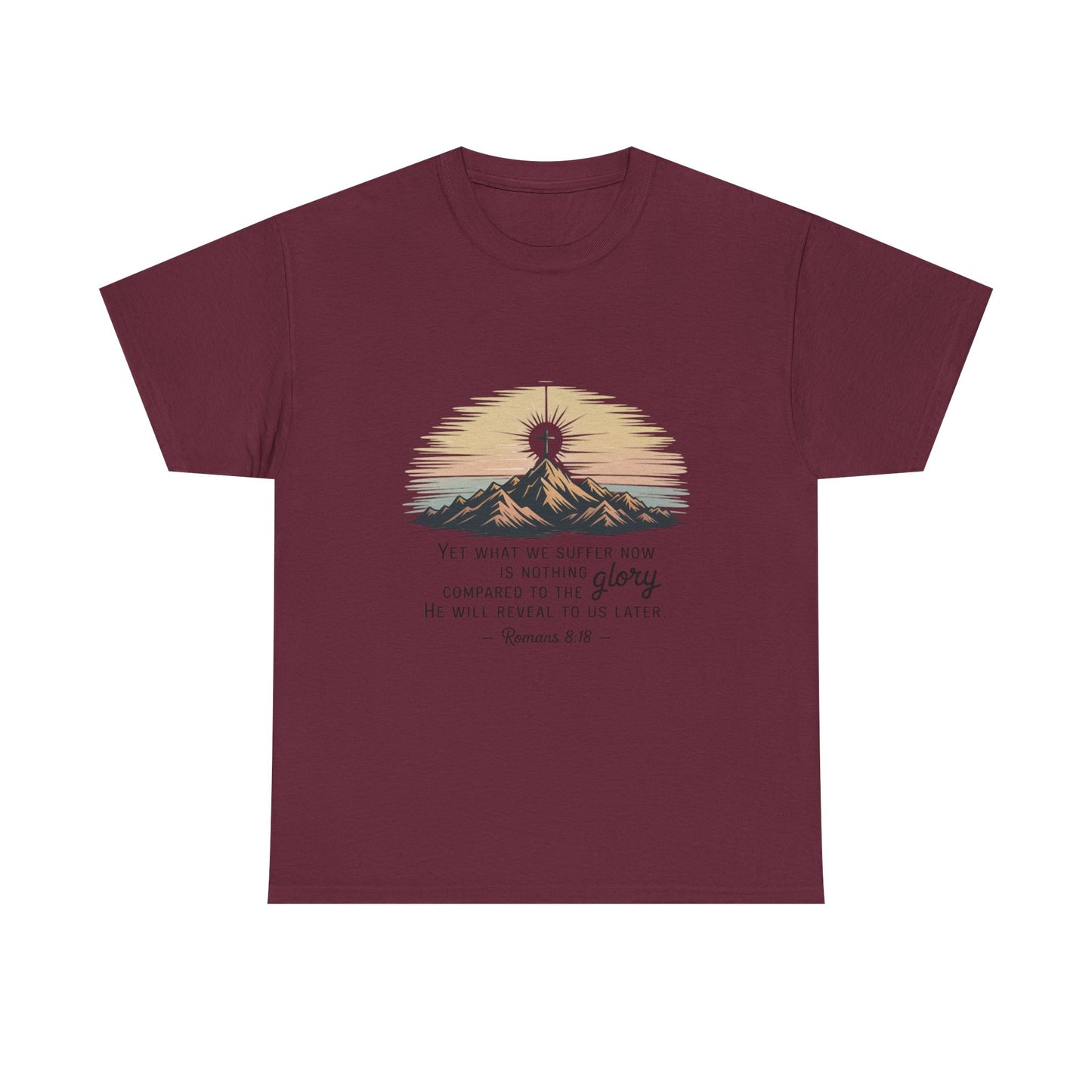 Inspirational Unisex Heavy Cotton Tee with Mountain Design Romans 8:18