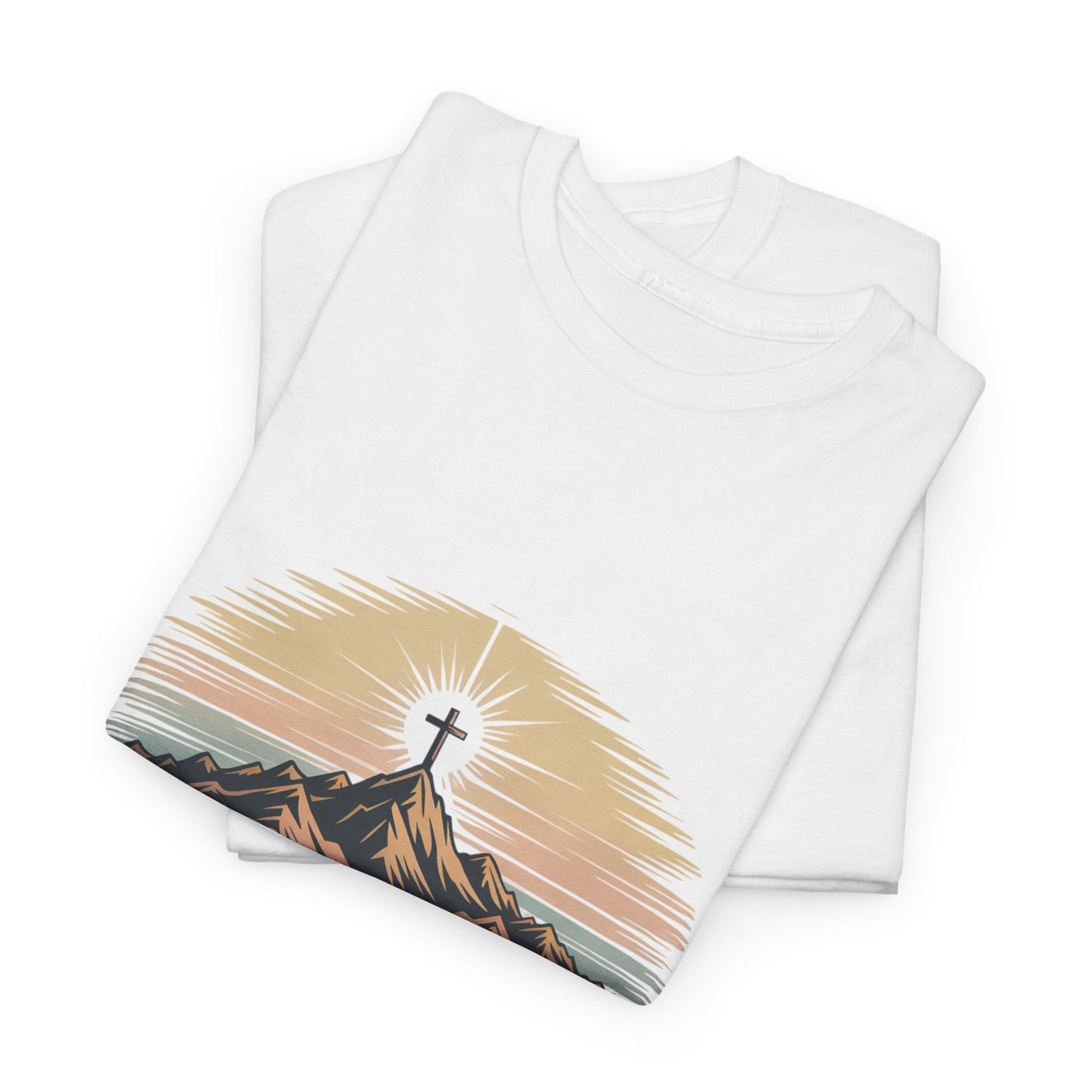 Inspirational Unisex Heavy Cotton Tee with Mountain Design Romans 8:18