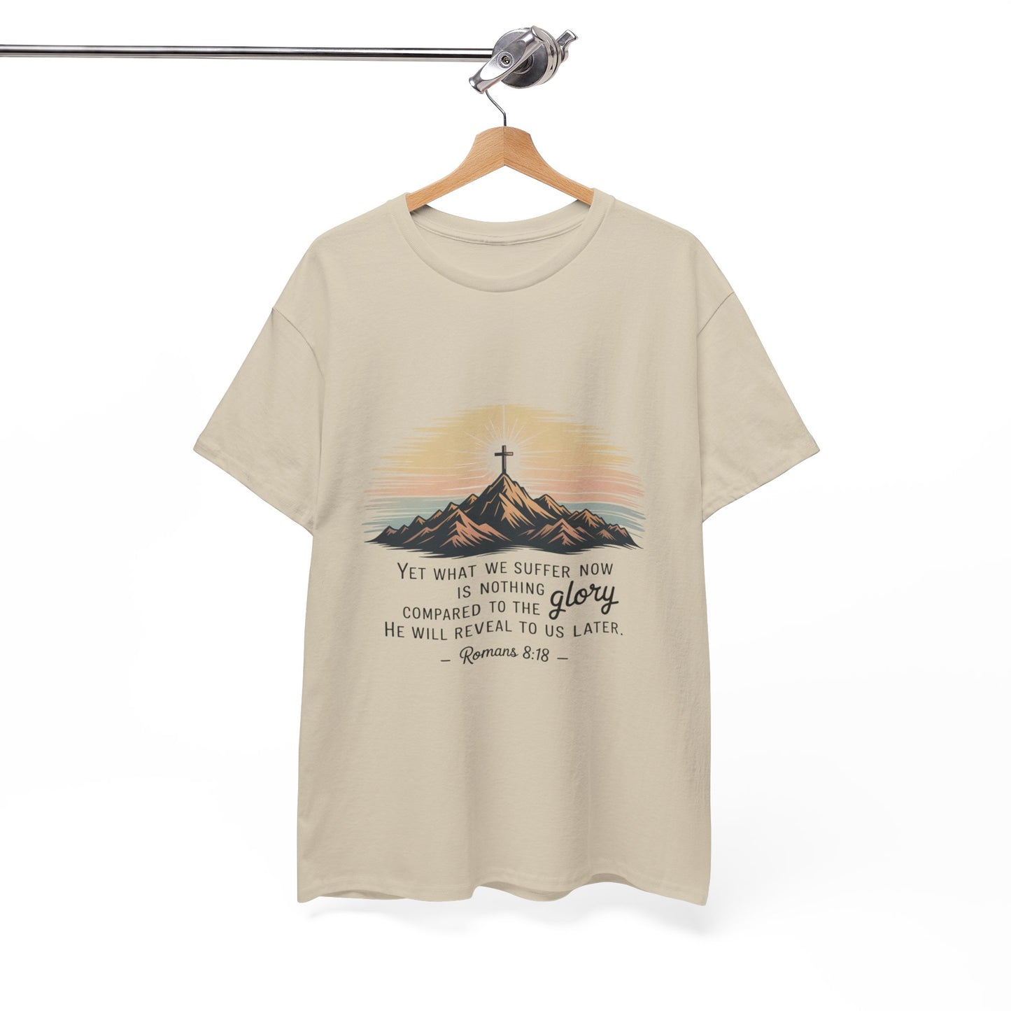 Inspirational Unisex Heavy Cotton Tee with Mountain Design Romans 8:18