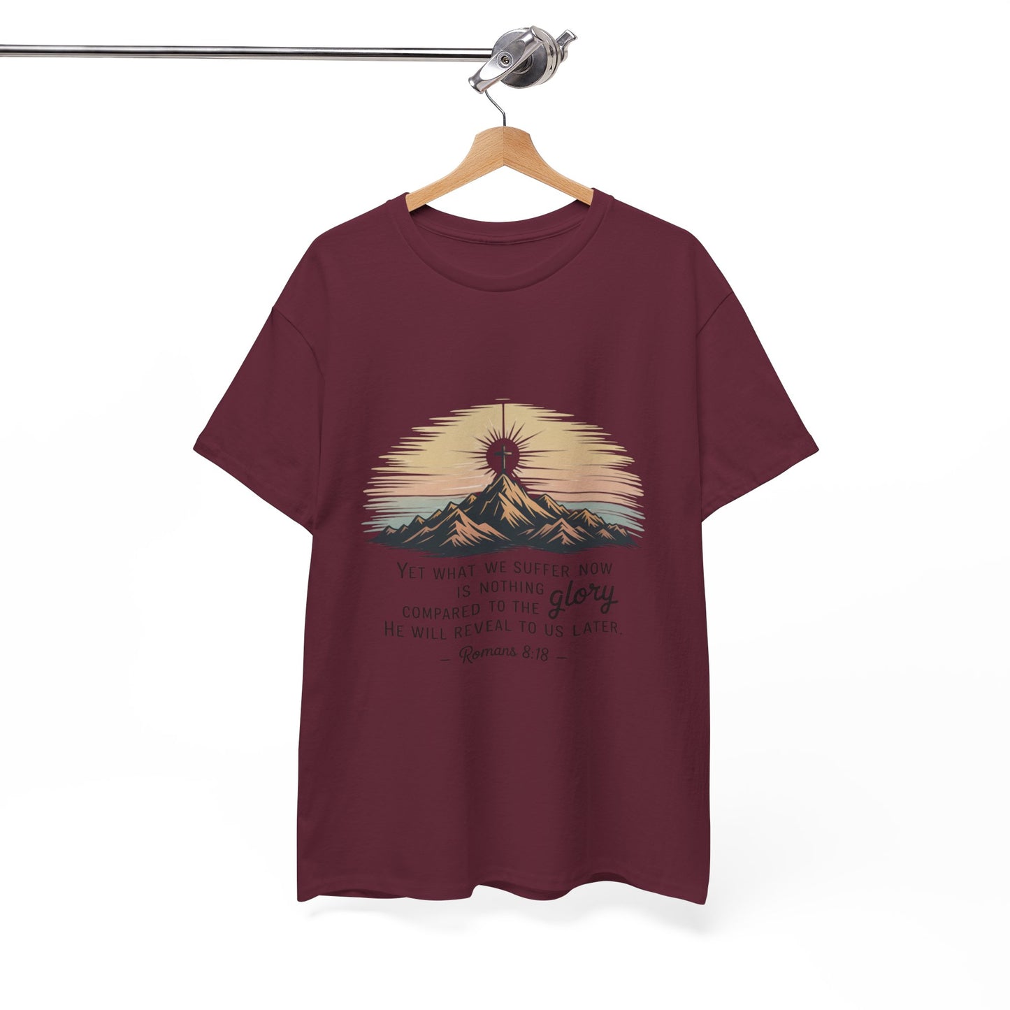 Inspirational Unisex Heavy Cotton Tee with Mountain Design Romans 8:18