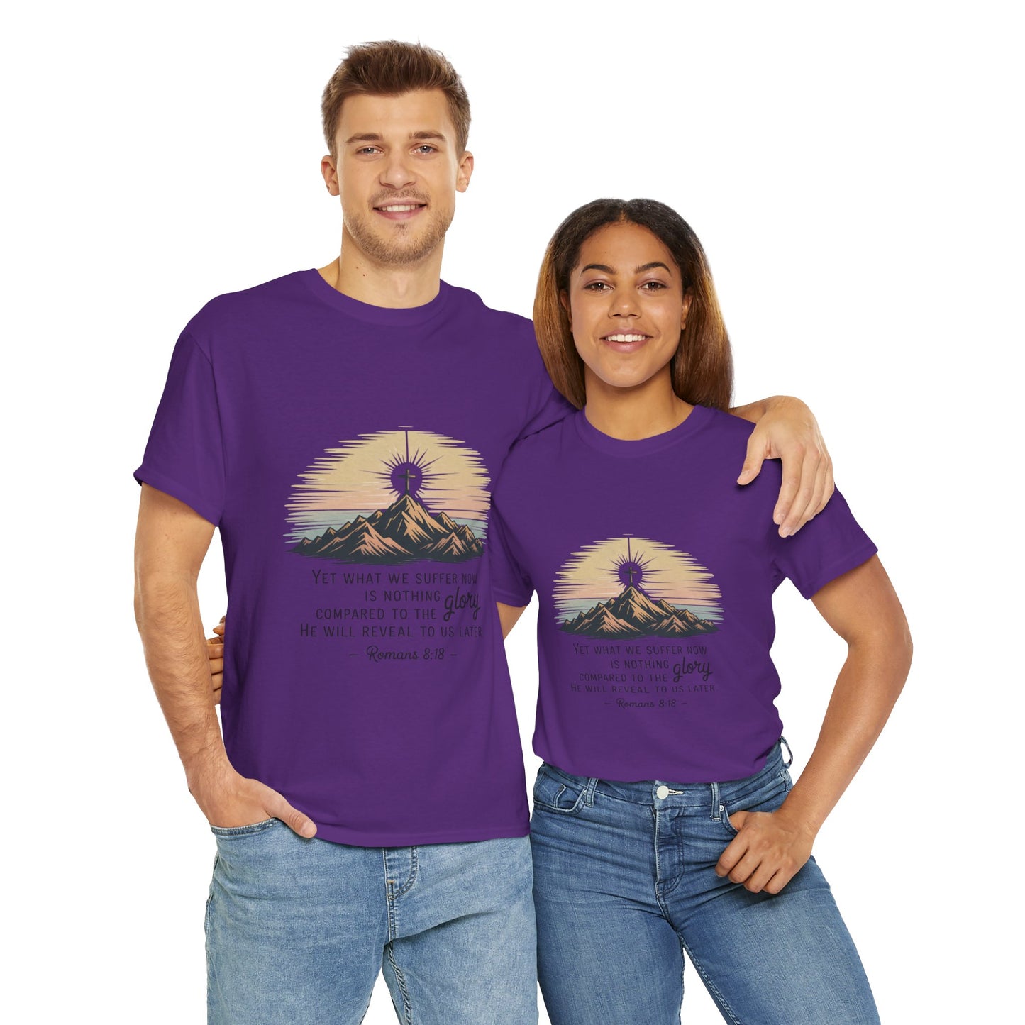 Inspirational Unisex Heavy Cotton Tee with Mountain Design Romans 8:18