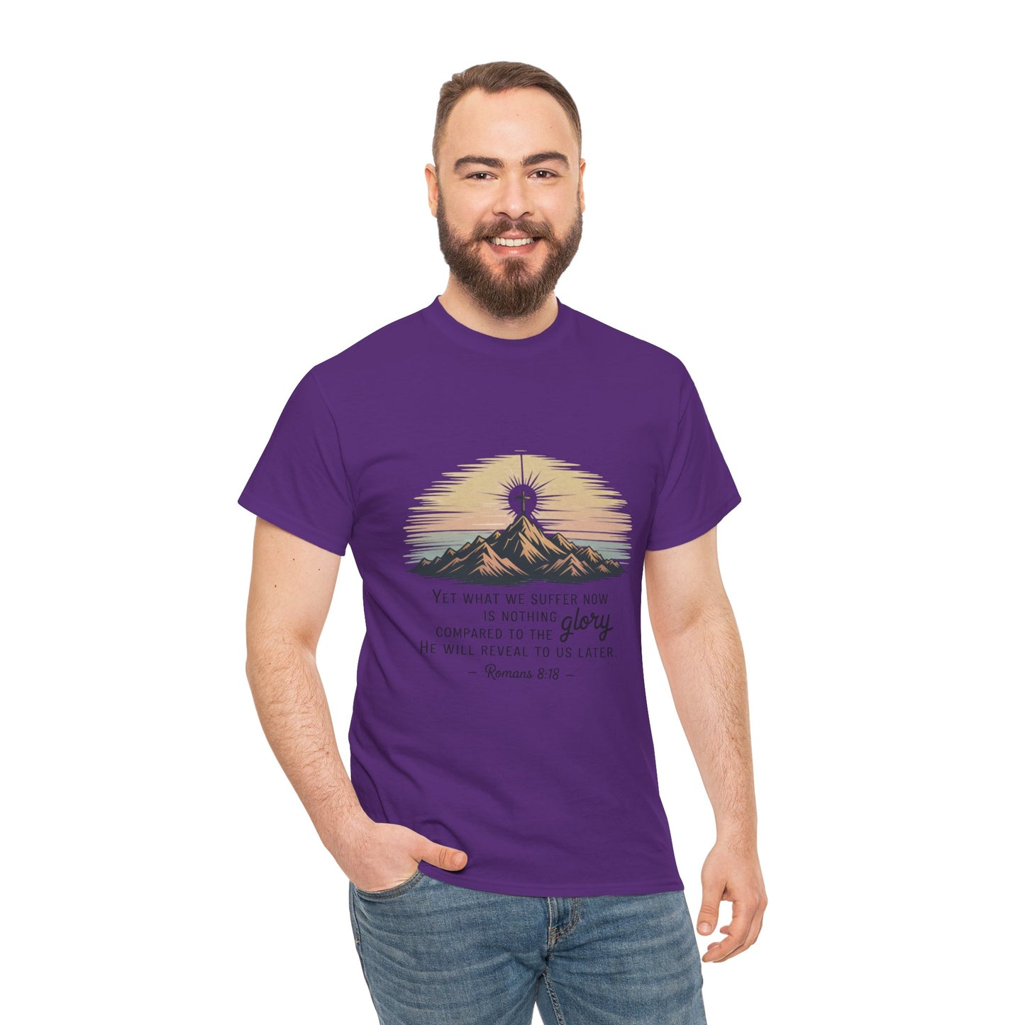 Inspirational Unisex Heavy Cotton Tee with Mountain Design Romans 8:18