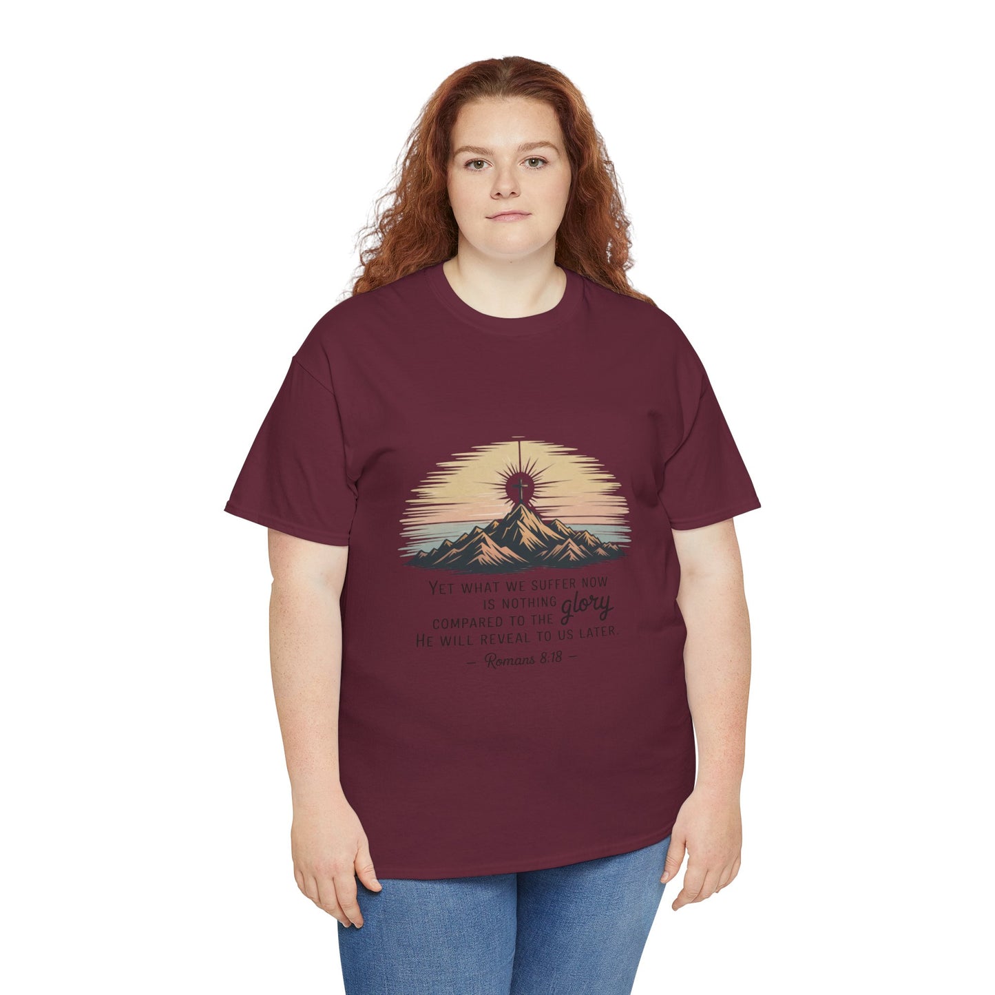 Inspirational Unisex Heavy Cotton Tee with Mountain Design Romans 8:18