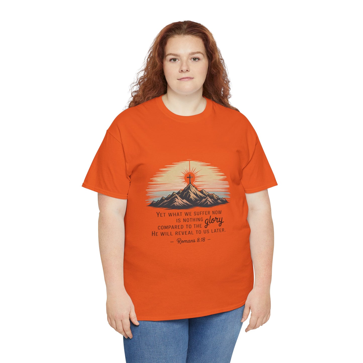 Inspirational Unisex Heavy Cotton Tee with Mountain Design Romans 8:18