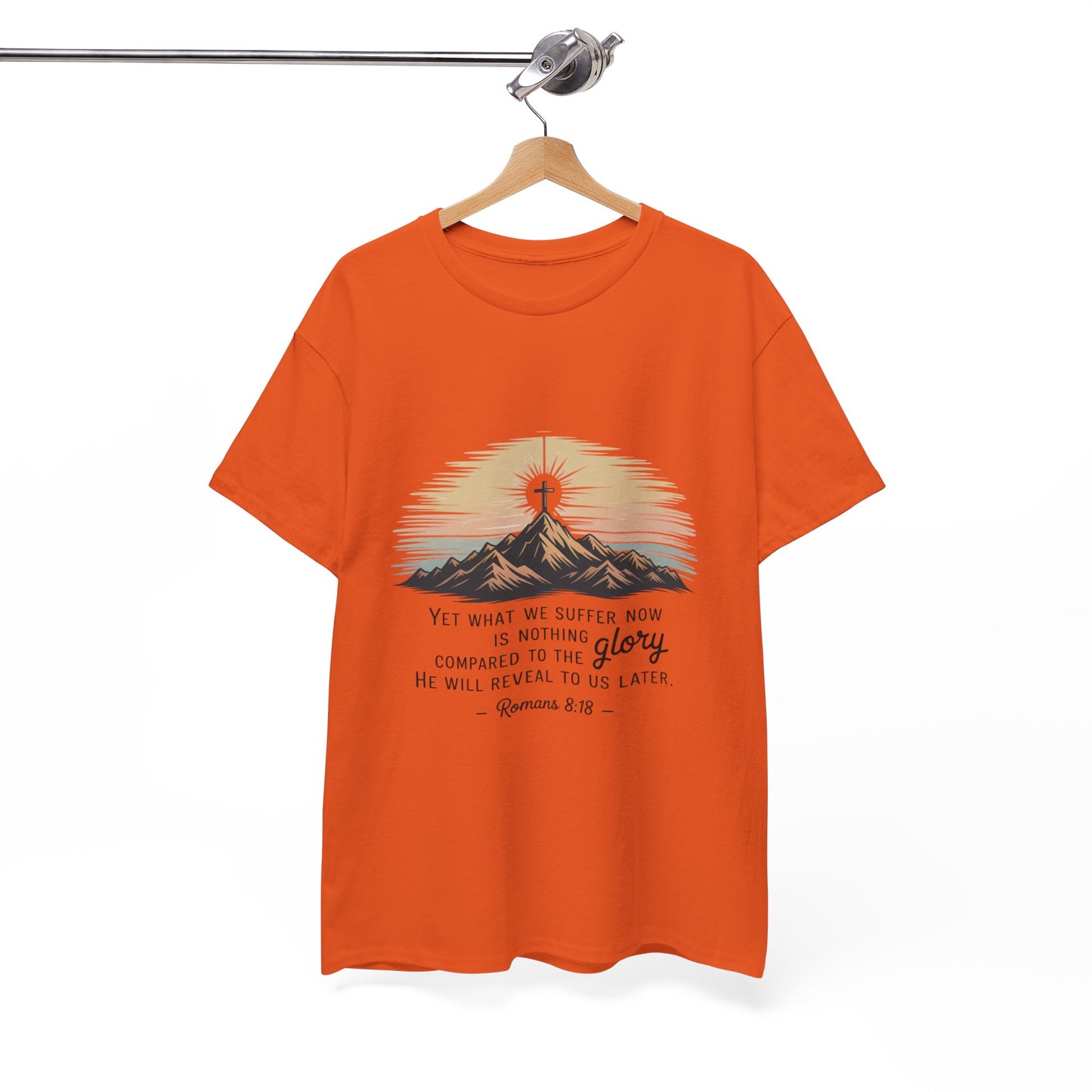 Inspirational Unisex Heavy Cotton Tee with Mountain Design Romans 8:18