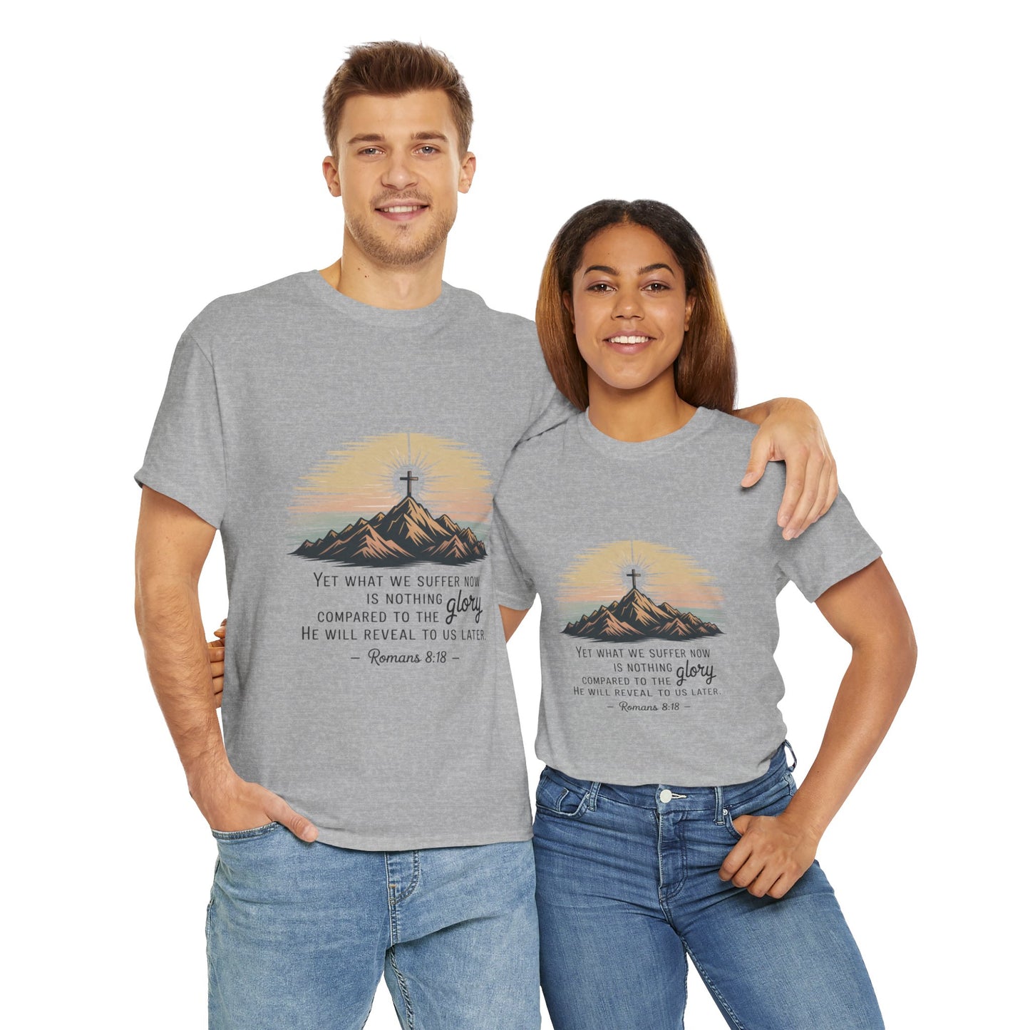 Inspirational Unisex Heavy Cotton Tee with Mountain Design Romans 8:18