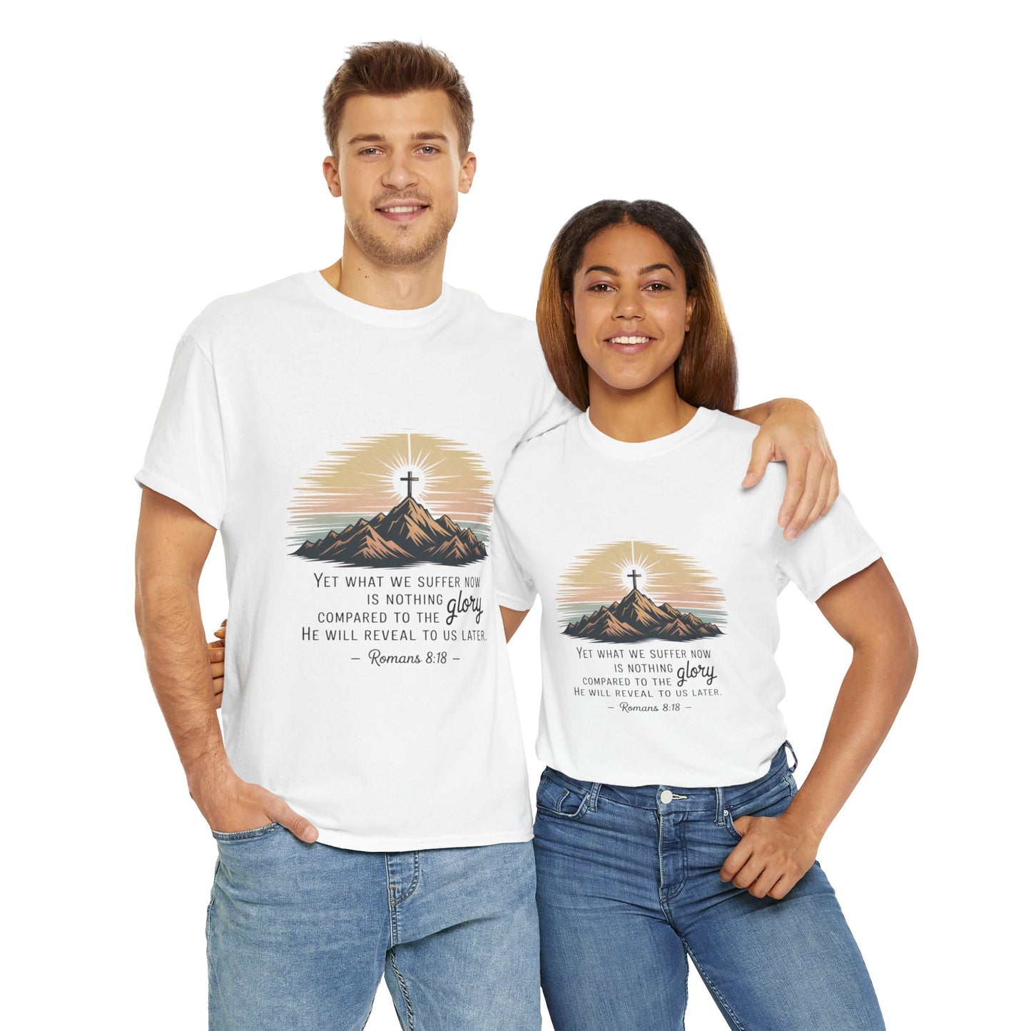 Inspirational Unisex Heavy Cotton Tee with Mountain Design Romans 8:18