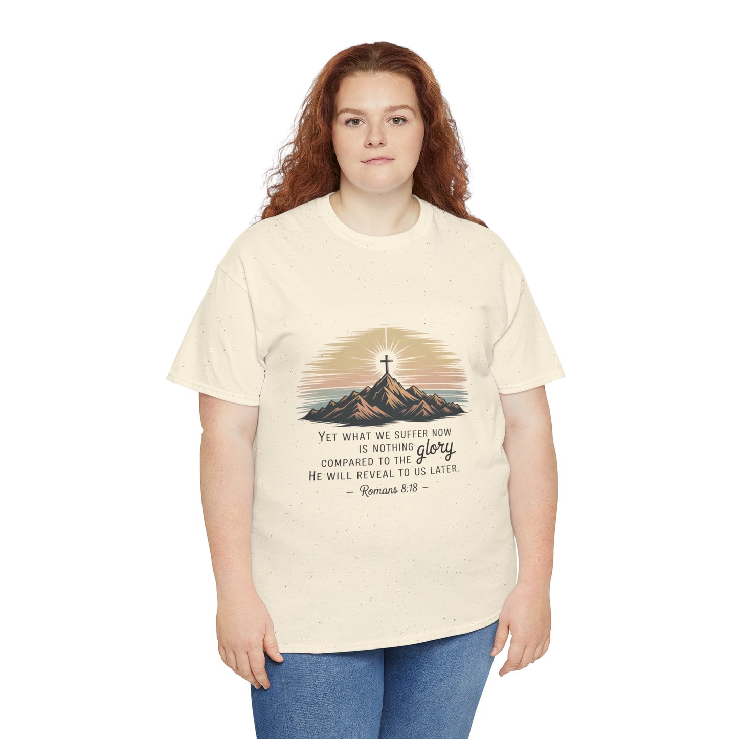 Inspirational Unisex Heavy Cotton Tee with Mountain Design Romans 8:18