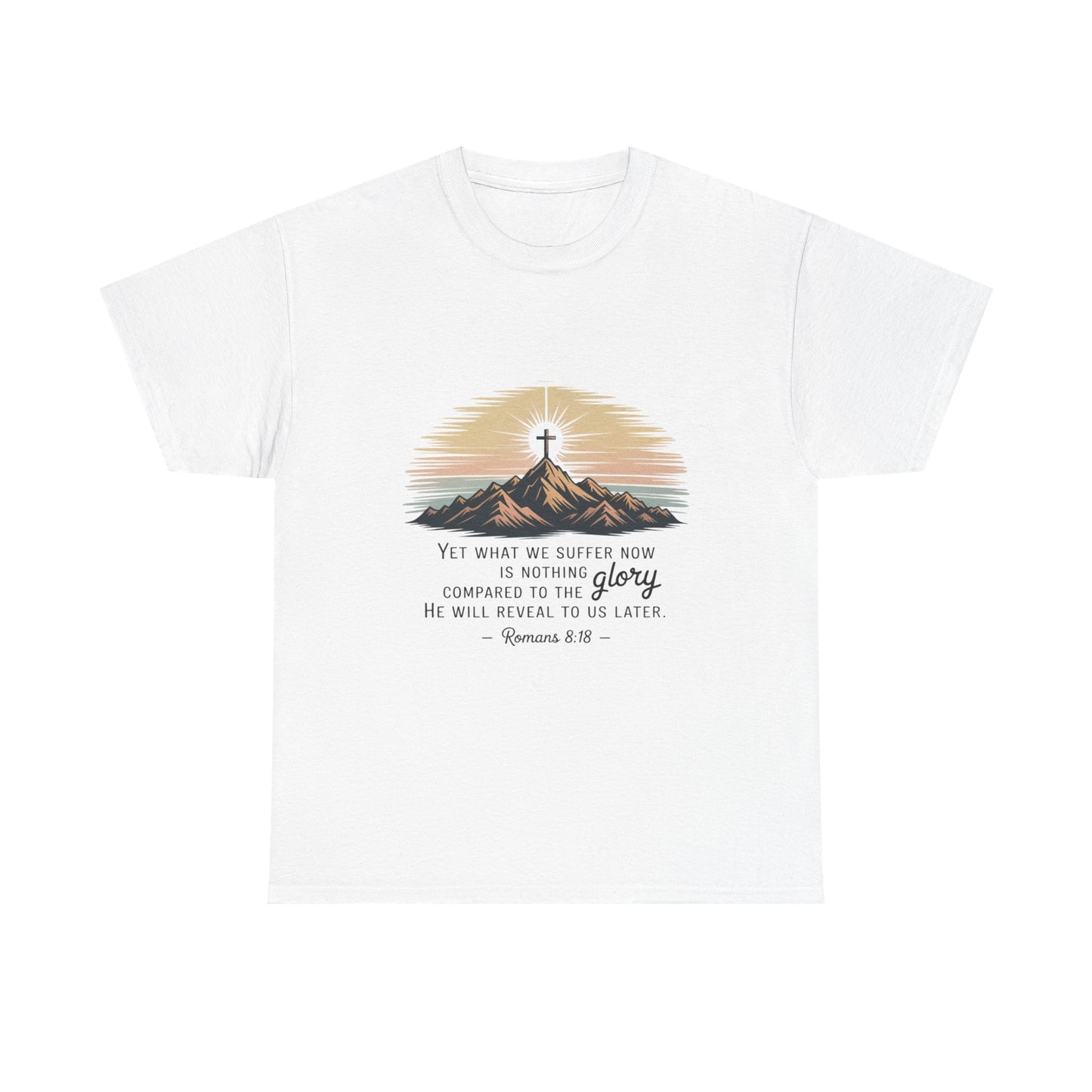 Inspirational Unisex Heavy Cotton Tee with Mountain Design Romans 8:18