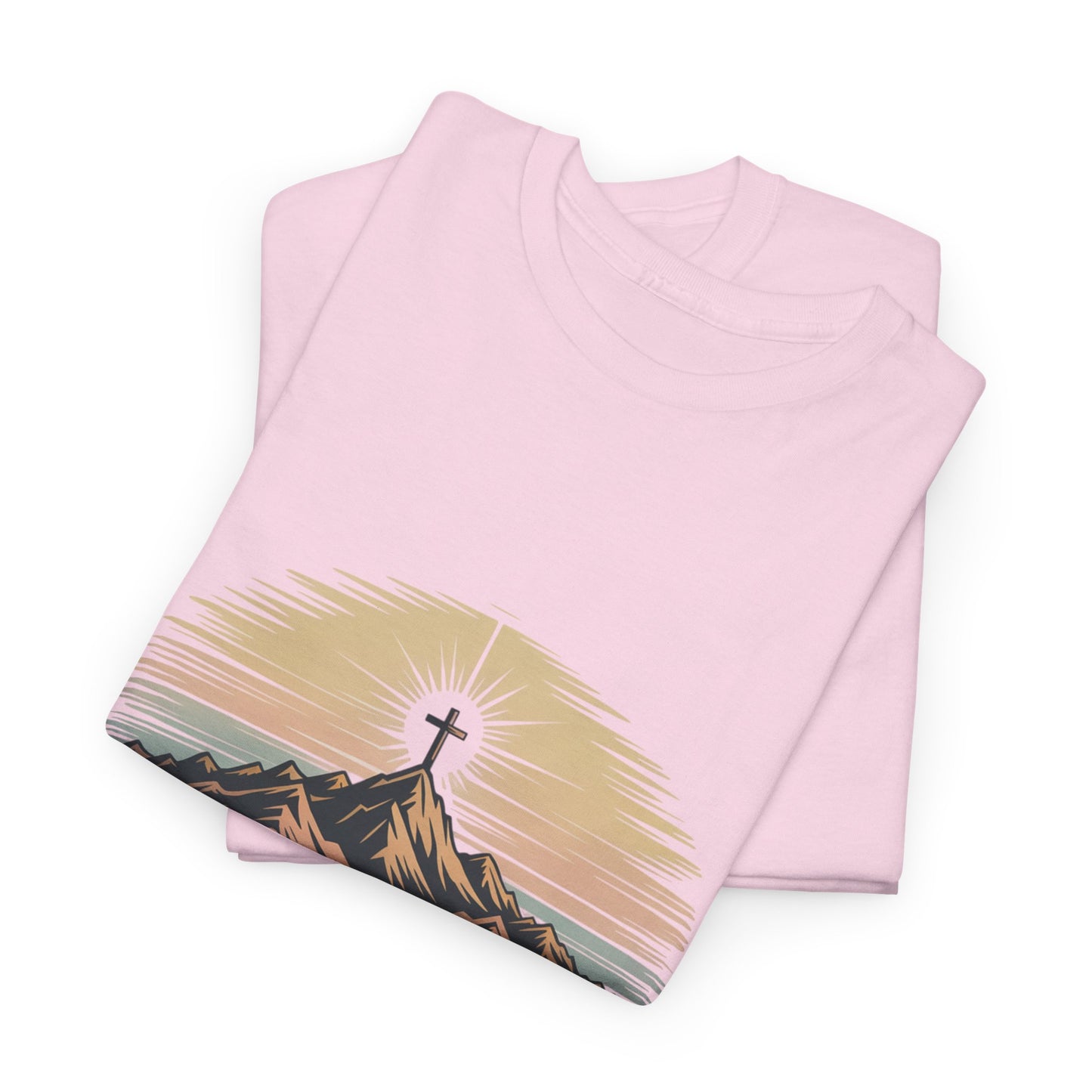 Inspirational Unisex Heavy Cotton Tee with Mountain Design Romans 8:18