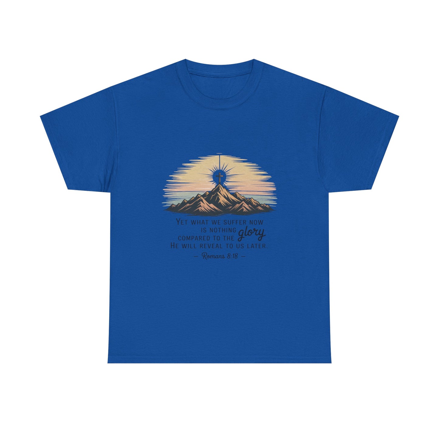 Inspirational Unisex Heavy Cotton Tee with Mountain Design Romans 8:18