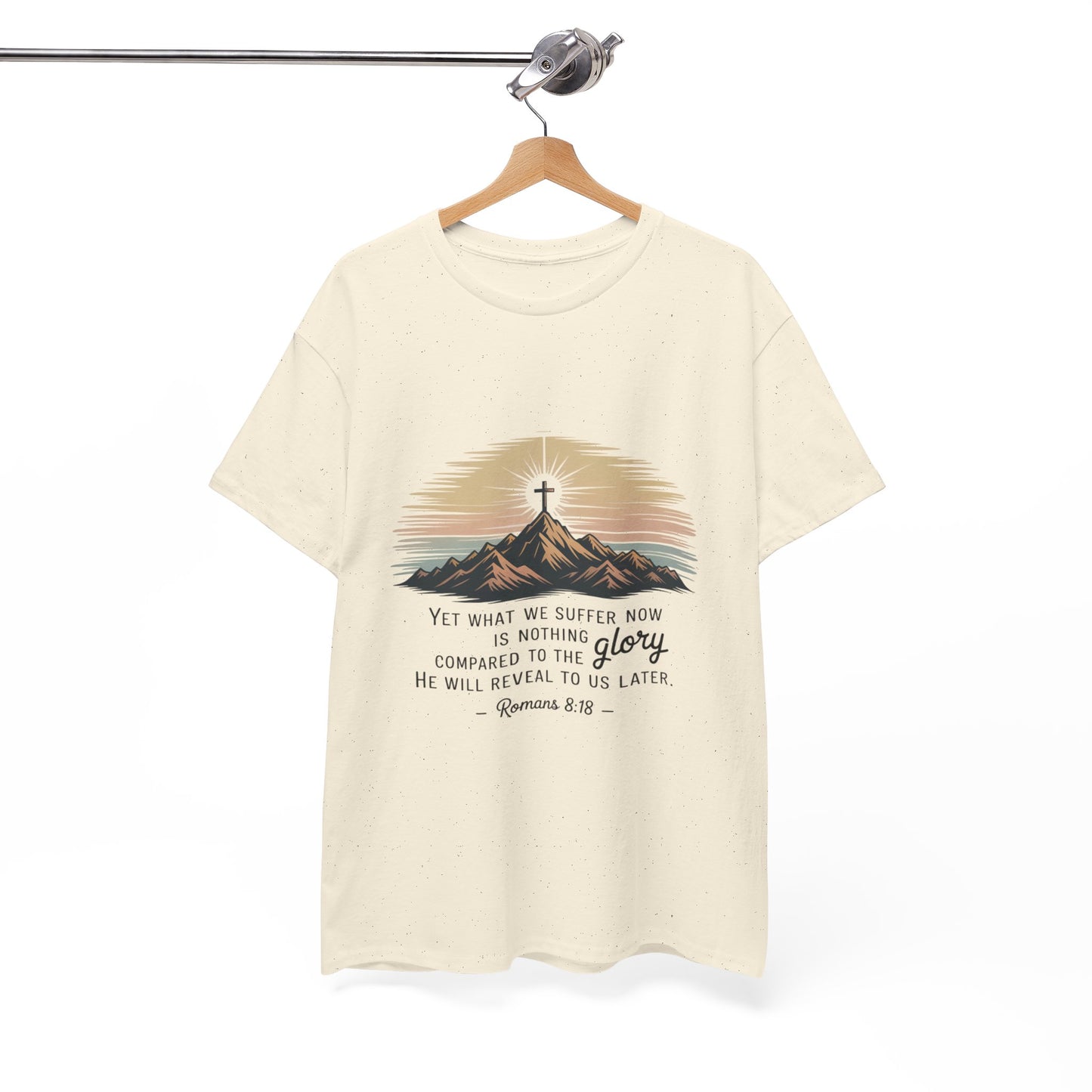 Inspirational Unisex Heavy Cotton Tee with Mountain Design Romans 8:18
