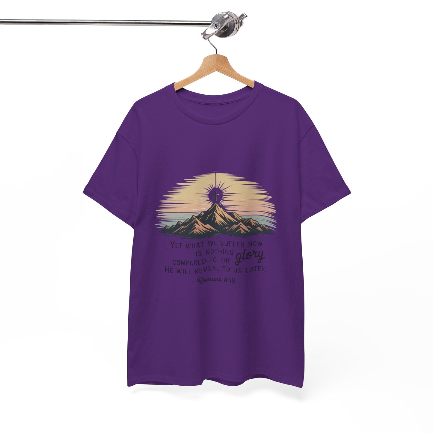 Inspirational Unisex Heavy Cotton Tee with Mountain Design Romans 8:18