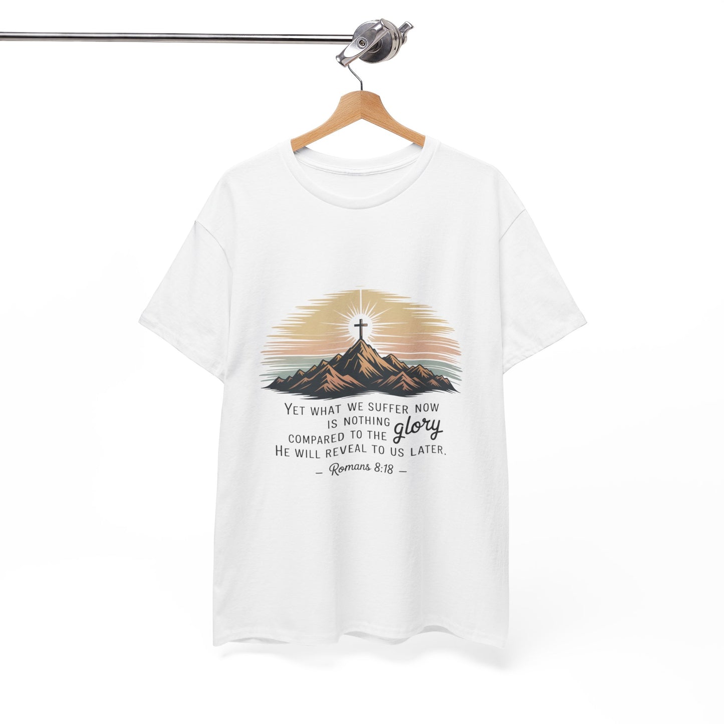 Inspirational Unisex Heavy Cotton Tee with Mountain Design Romans 8:18