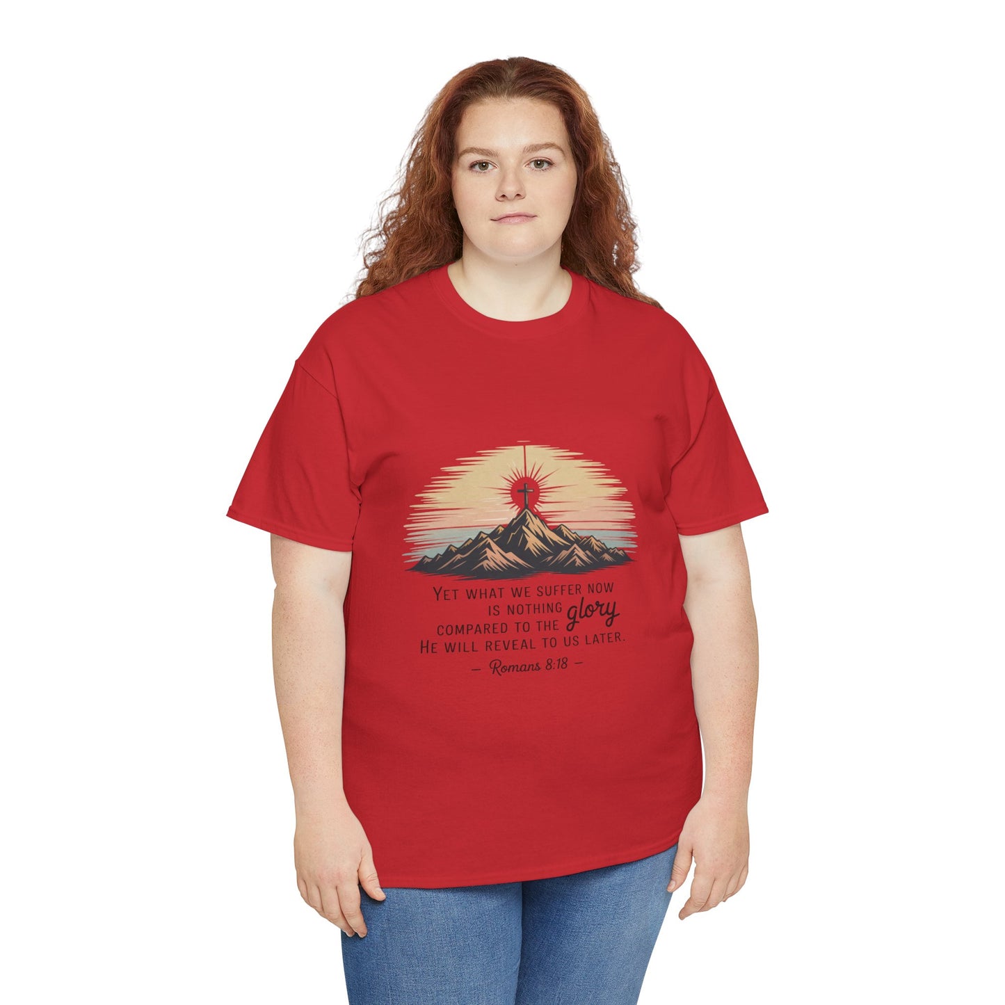 Inspirational Unisex Heavy Cotton Tee with Mountain Design Romans 8:18