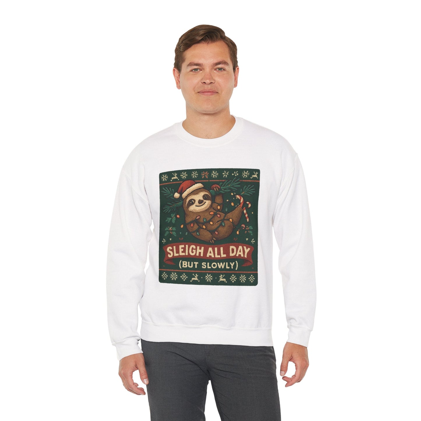 Christmas Sloth Sweatshirt — "Sleigh All Day (But Slowly)" Cozy Holiday Crewneck - Peak Inspiration