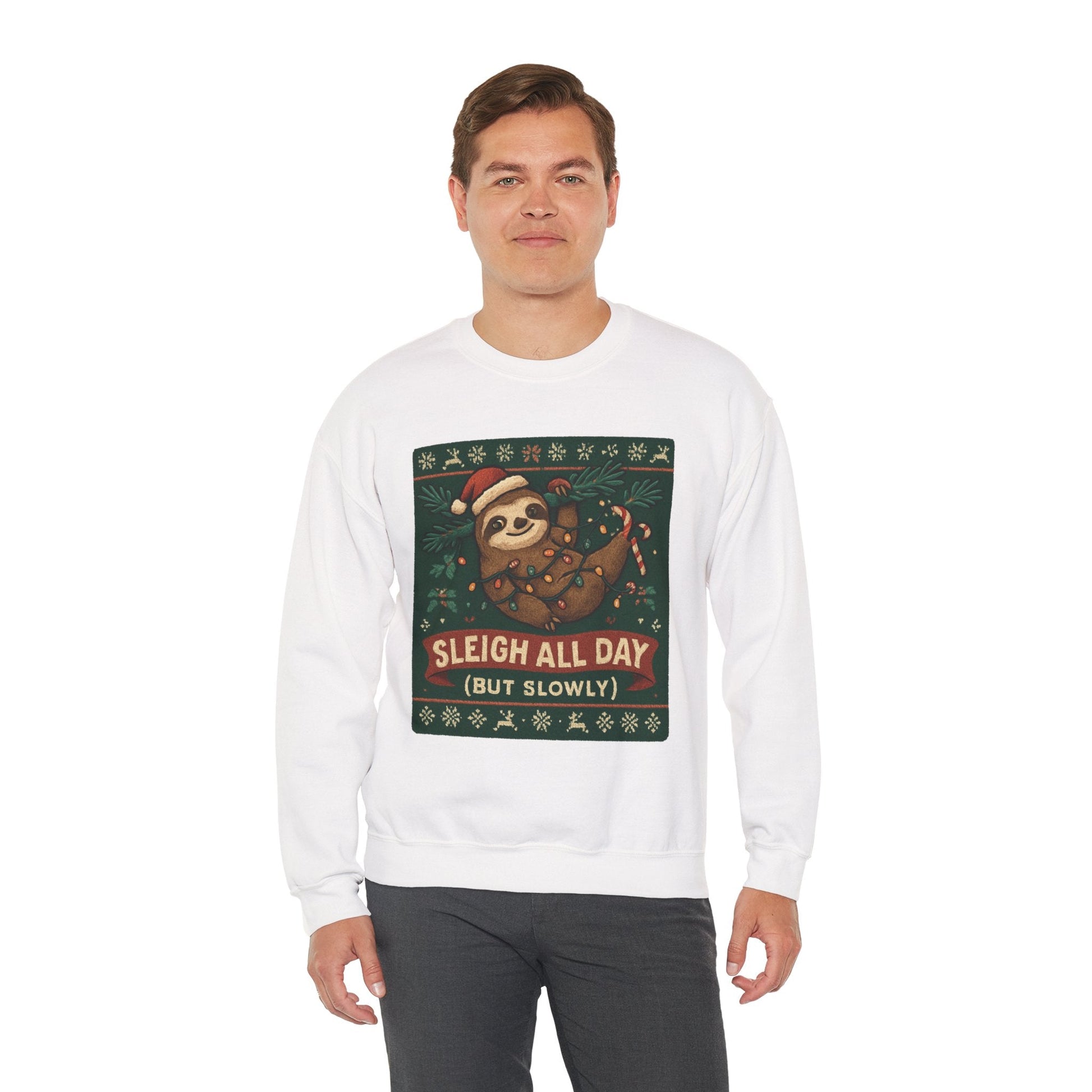 Christmas Sloth Sweatshirt — "Sleigh All Day (But Slowly)" Cozy Holiday Crewneck - Peak Inspiration