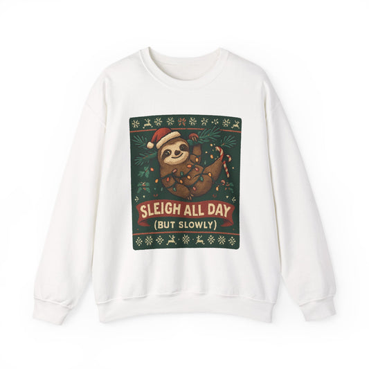 Christmas Sloth Sweatshirt — "Sleigh All Day (But Slowly)" Cozy Holiday Crewneck - Peak Inspiration