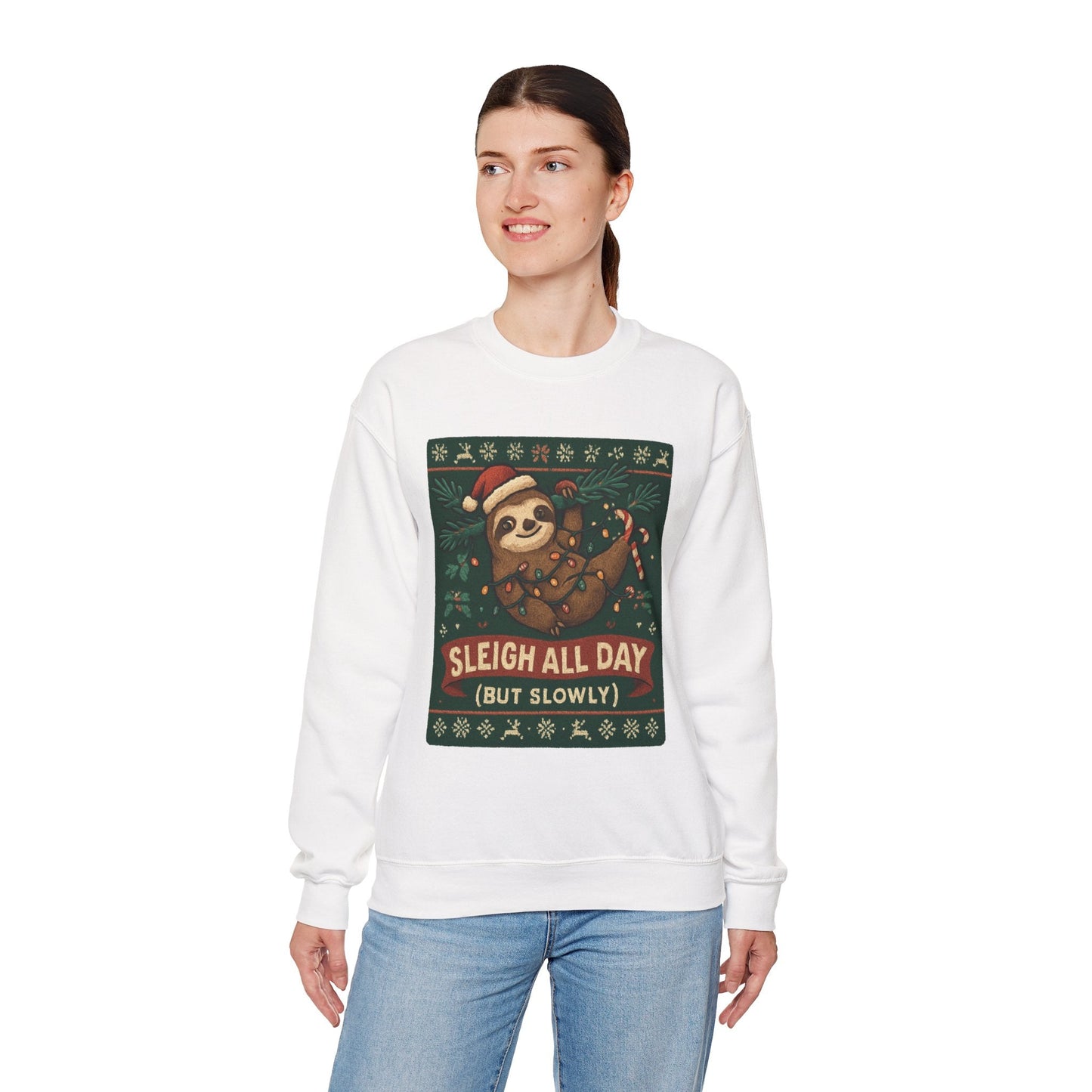 Christmas Sloth Sweatshirt — "Sleigh All Day (But Slowly)" Cozy Holiday Crewneck - Peak Inspiration