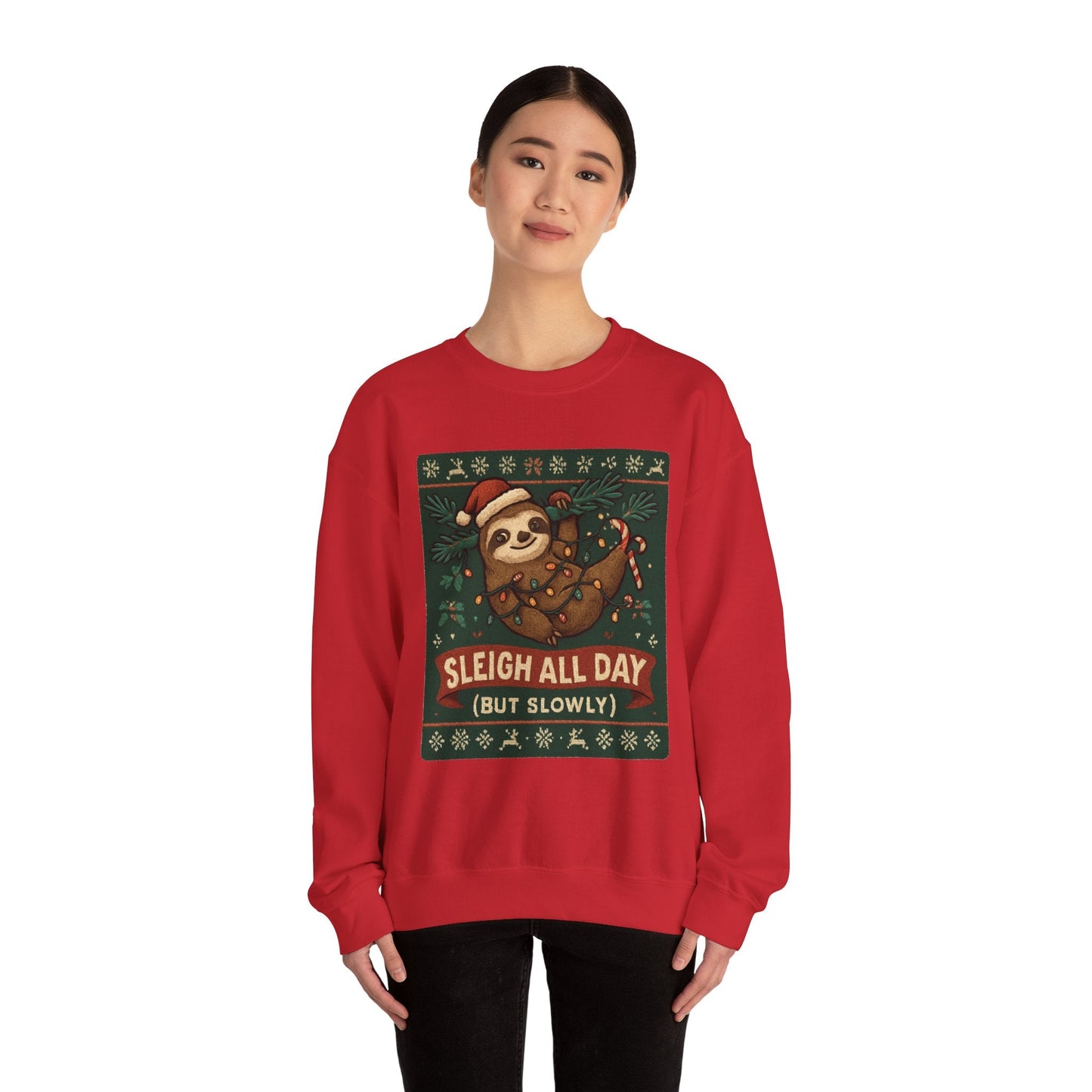 Christmas Sloth Sweatshirt — "Sleigh All Day (But Slowly)" Cozy Holiday Crewneck - Peak Inspiration