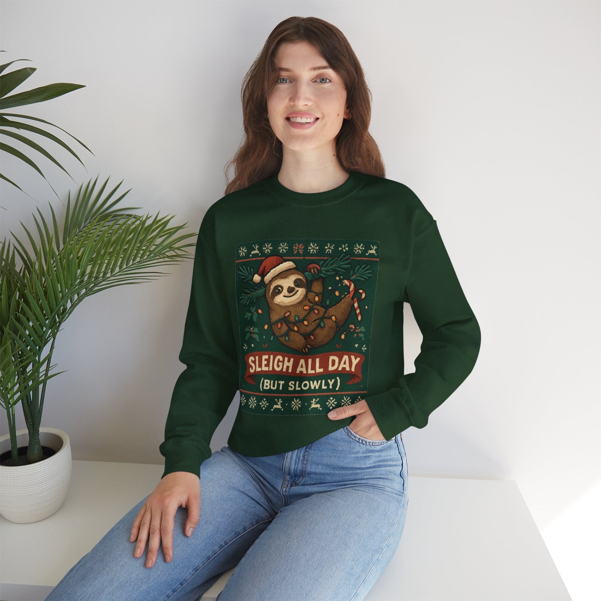 Christmas Sloth Sweatshirt — "Sleigh All Day (But Slowly)" Cozy Holiday Crewneck - Peak Inspiration