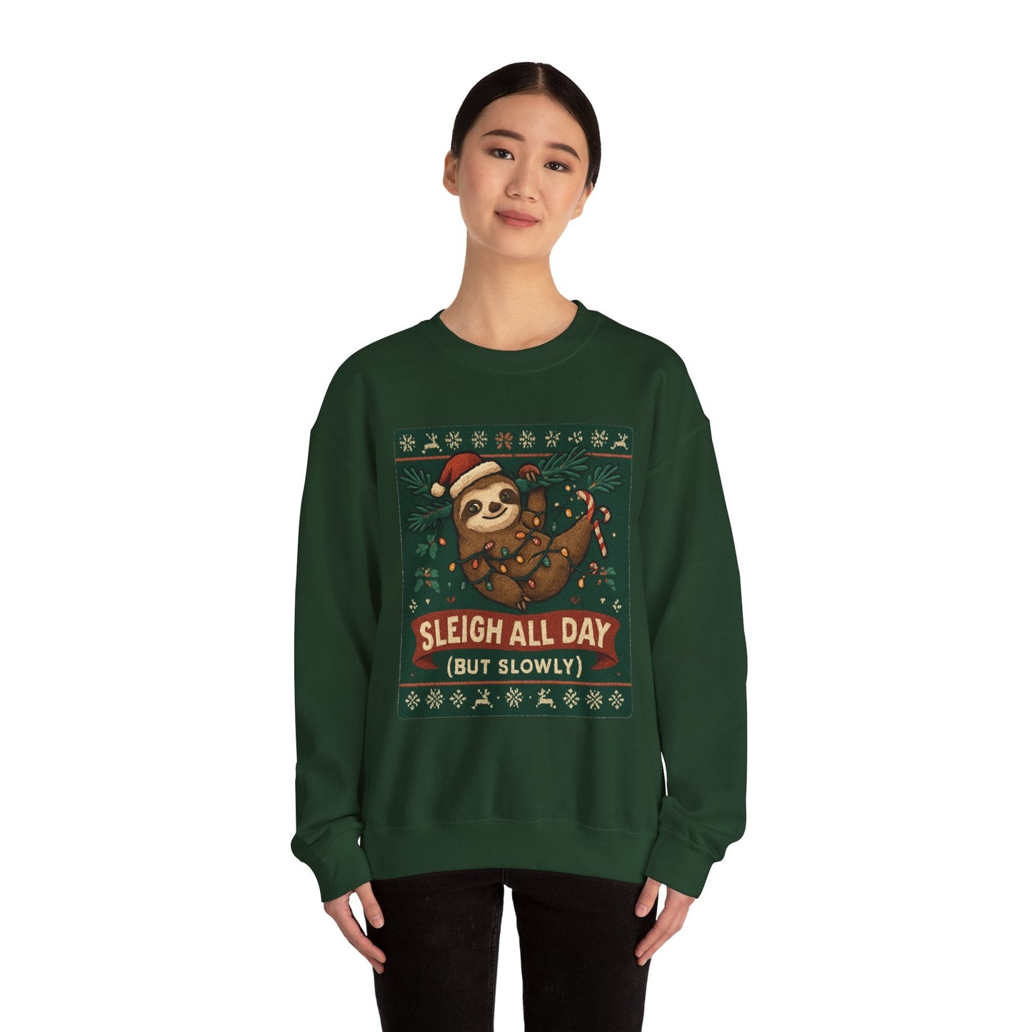 Christmas Sloth Sweatshirt — "Sleigh All Day (But Slowly)" Cozy Holiday Crewneck - Peak Inspiration