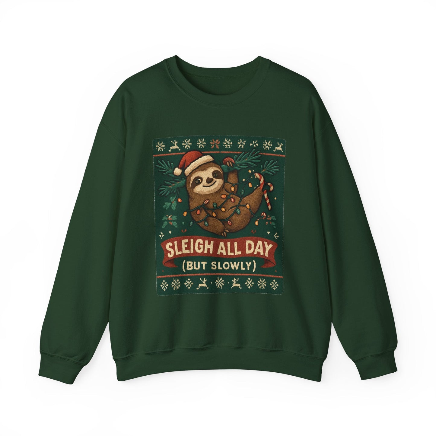Christmas Sloth Sweatshirt — "Sleigh All Day (But Slowly)" Cozy Holiday Crewneck - Peak Inspiration