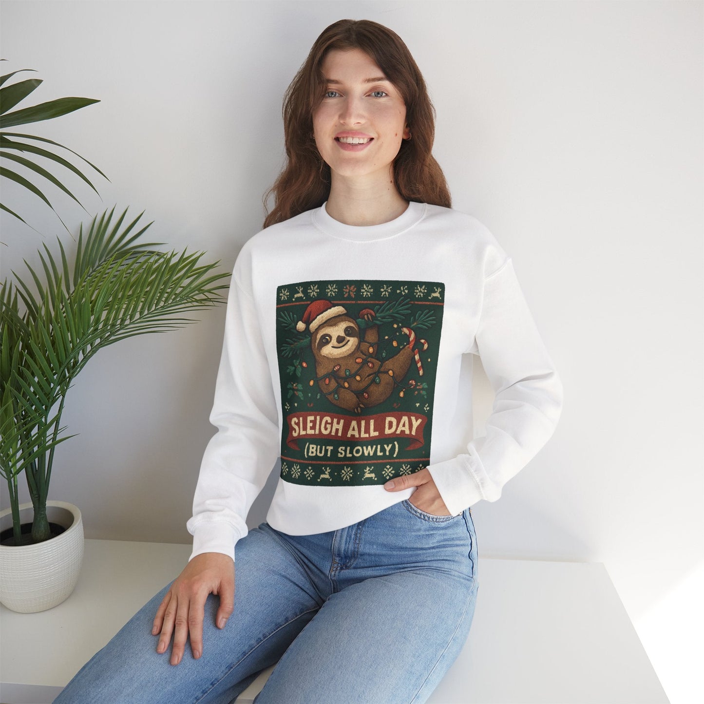 Christmas Sloth Sweatshirt — "Sleigh All Day (But Slowly)" Cozy Holiday Crewneck - Peak Inspiration