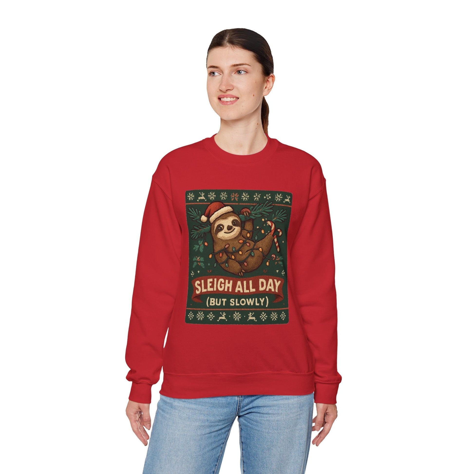 Christmas Sloth Sweatshirt — "Sleigh All Day (But Slowly)" Cozy Holiday Crewneck - Peak Inspiration