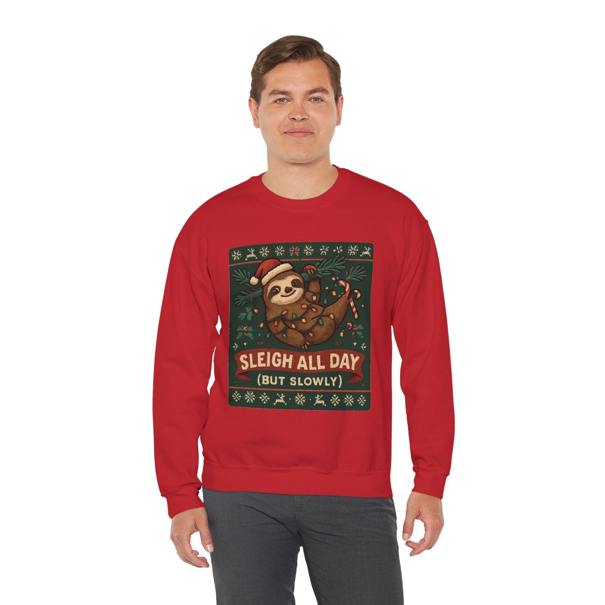 Christmas Sloth Sweatshirt — "Sleigh All Day (But Slowly)" Cozy Holiday Crewneck - Peak Inspiration