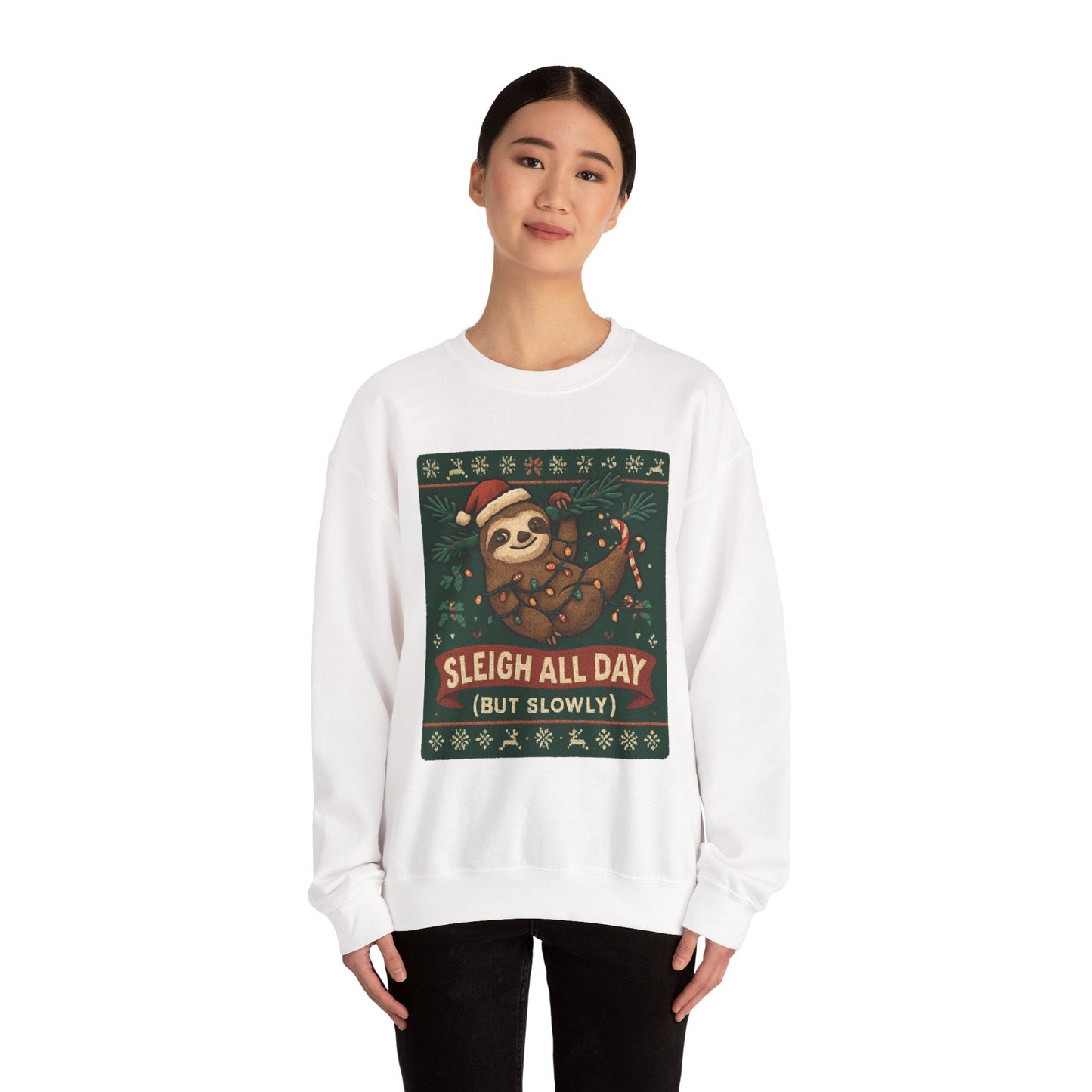 Christmas Sloth Sweatshirt — "Sleigh All Day (But Slowly)" Cozy Holiday Crewneck - Peak Inspiration