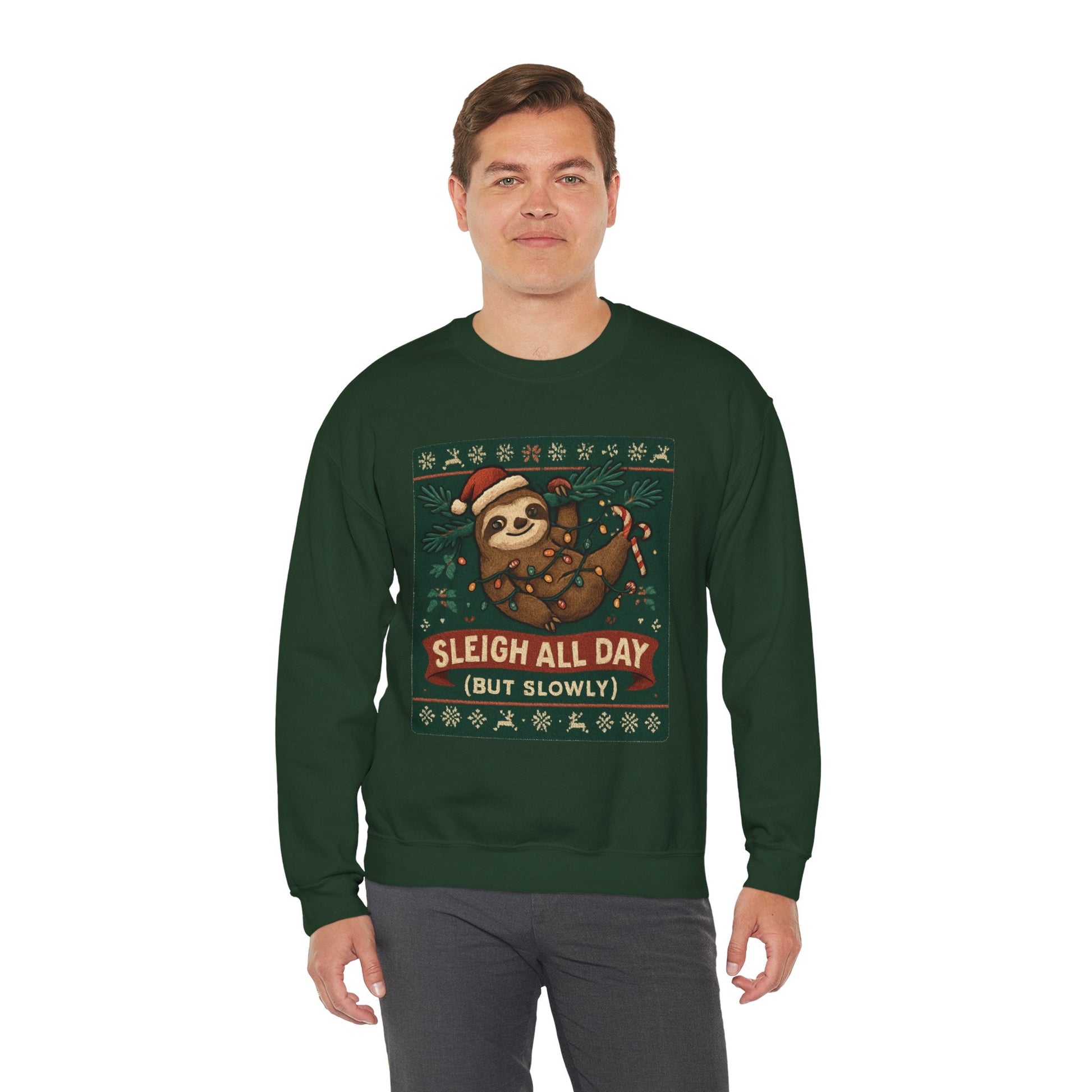 Christmas Sloth Sweatshirt — "Sleigh All Day (But Slowly)" Cozy Holiday Crewneck - Peak Inspiration