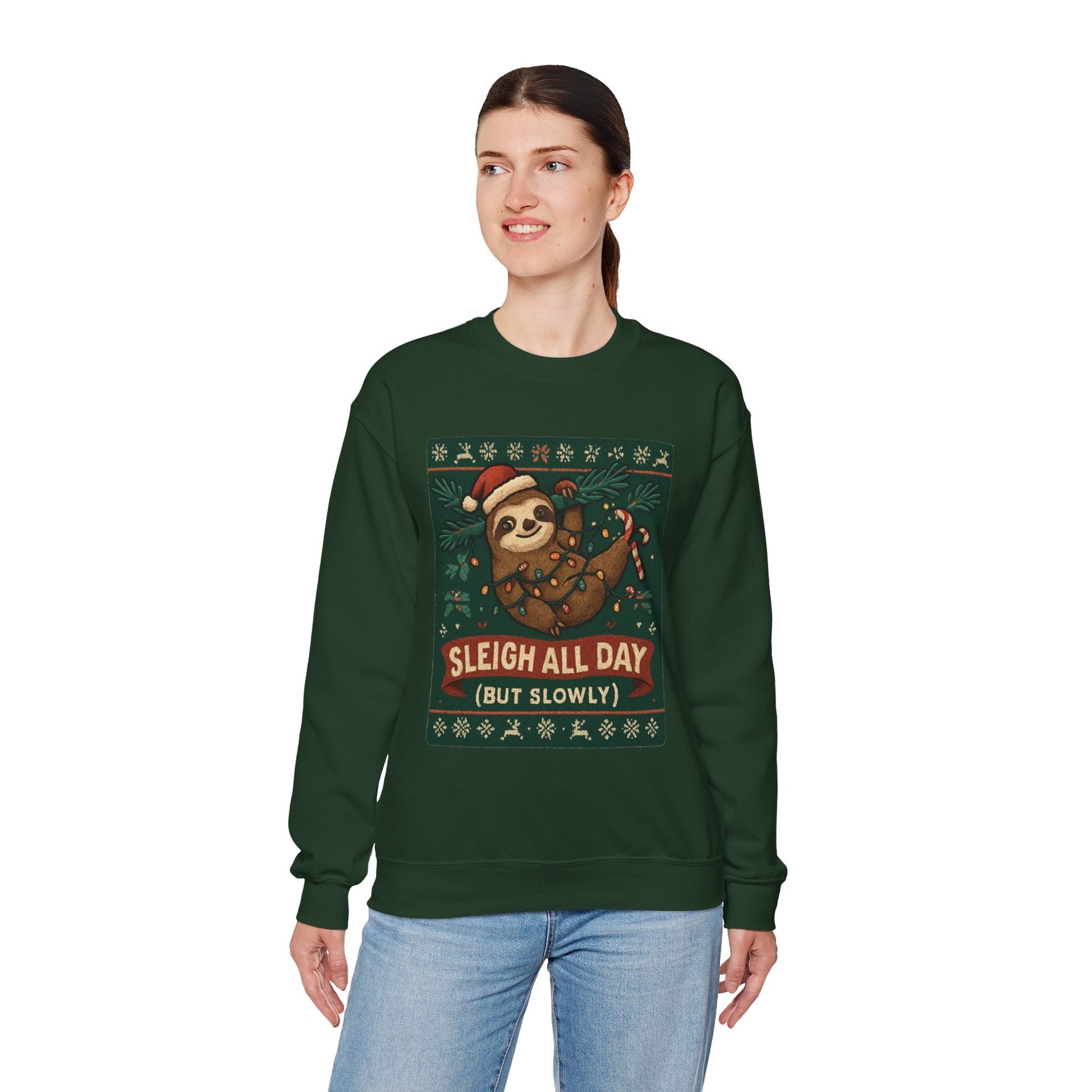Christmas Sloth Sweatshirt — "Sleigh All Day (But Slowly)" Cozy Holiday Crewneck - Peak Inspiration
